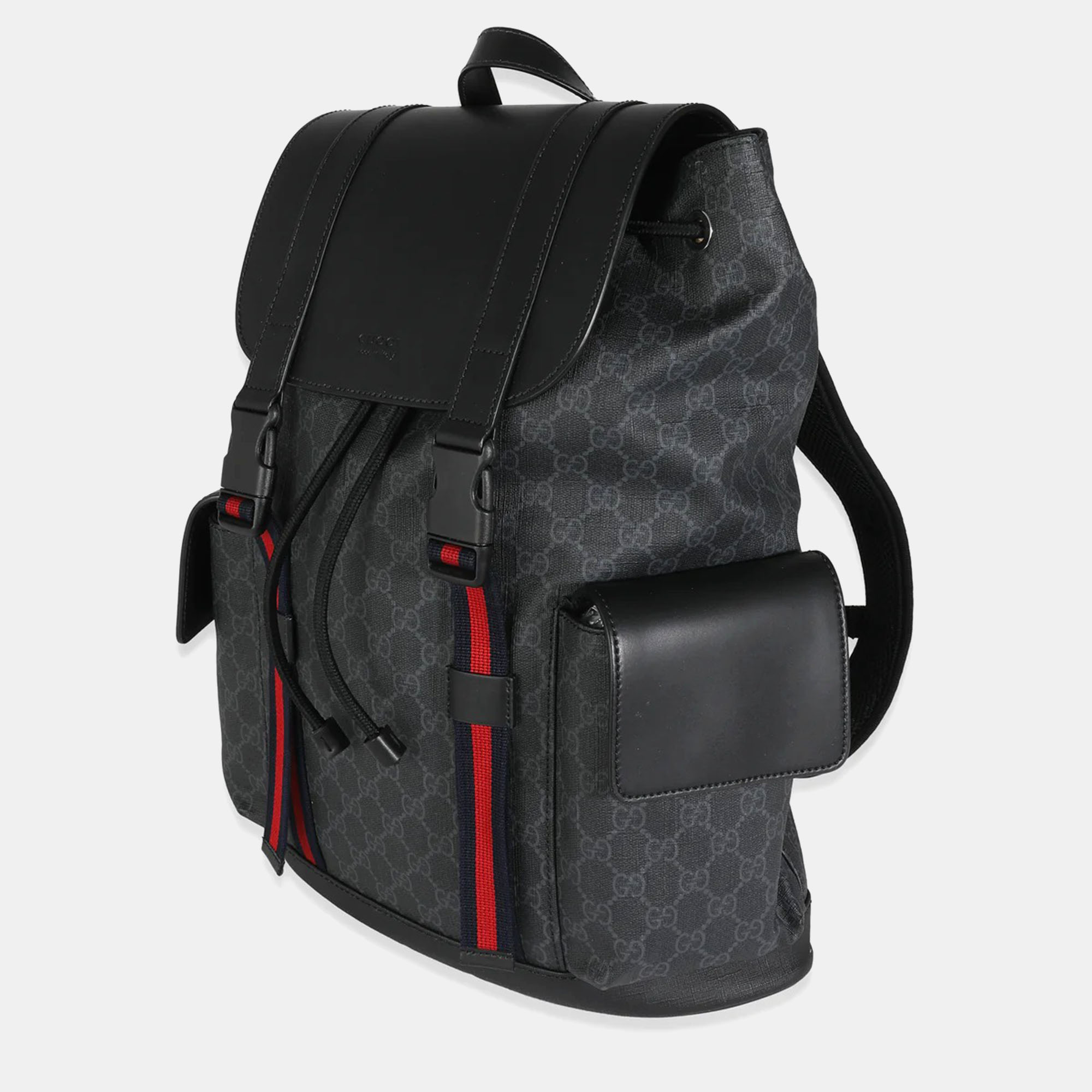 

Gucci Black Calfskin Soft GG Supreme Canvas Web Double Buckle Backpack