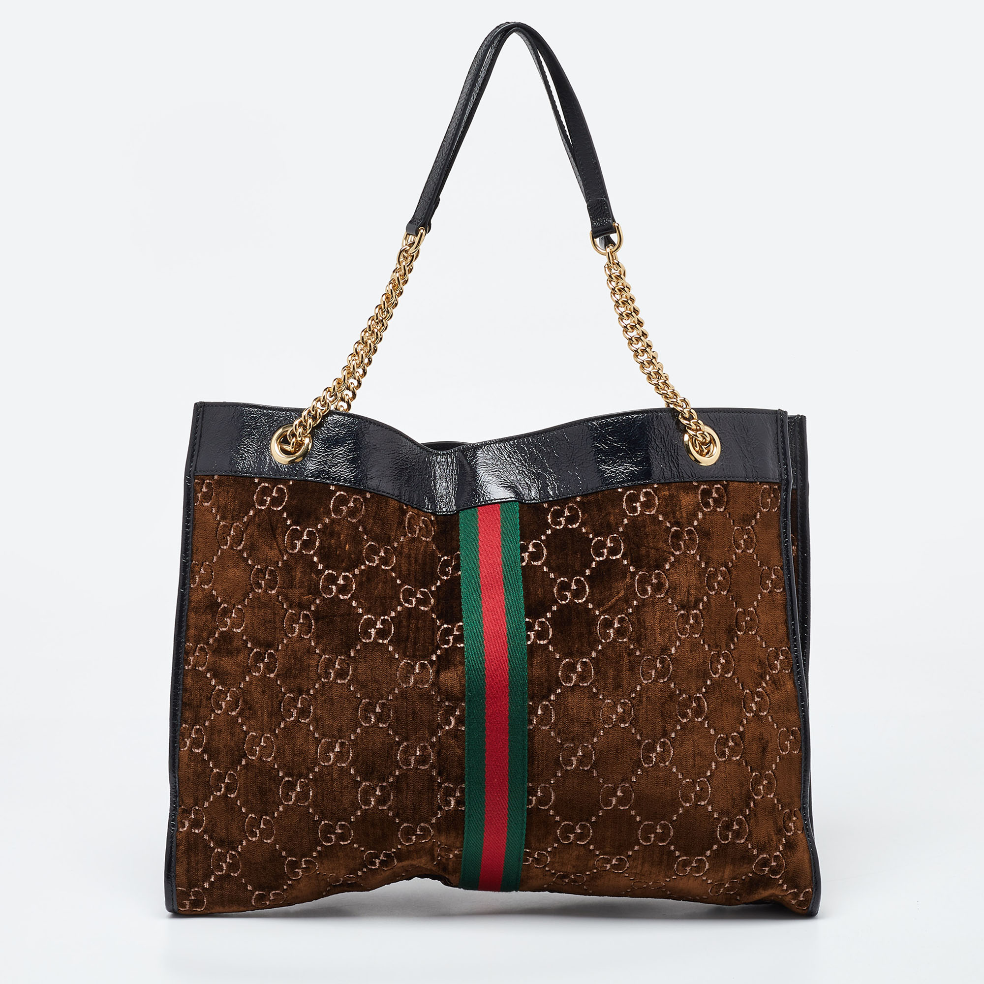 Gucci Brown Black GG Velvet and Patent Leather Large Rajah Chain Tote Gucci TLC