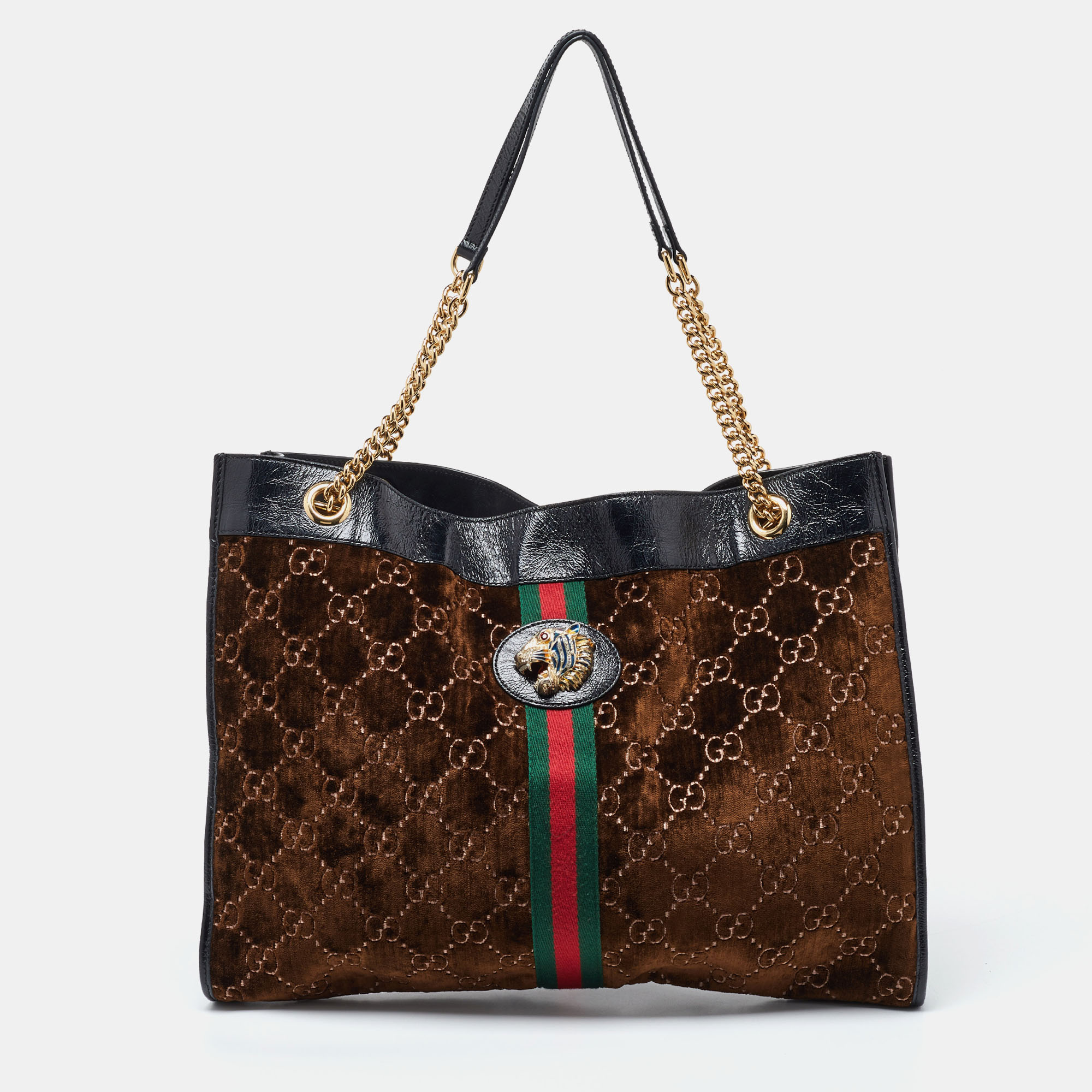 

Gucci Brown/Black GG Velvet and Patent Leather Large Rajah Chain Tote