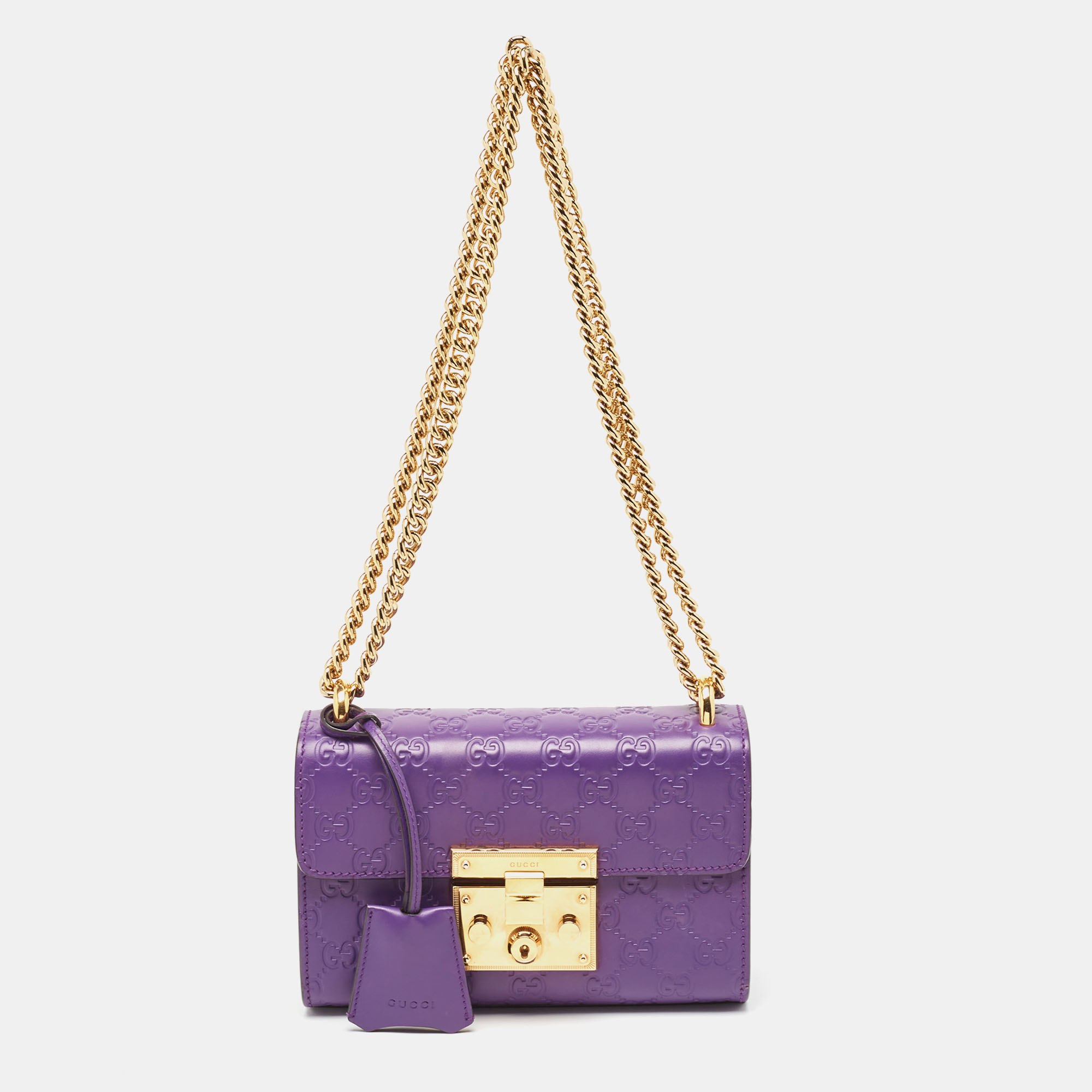 Pre-owned Gucci Ssima Leather Small Padlock Shoulder Bag In Purple