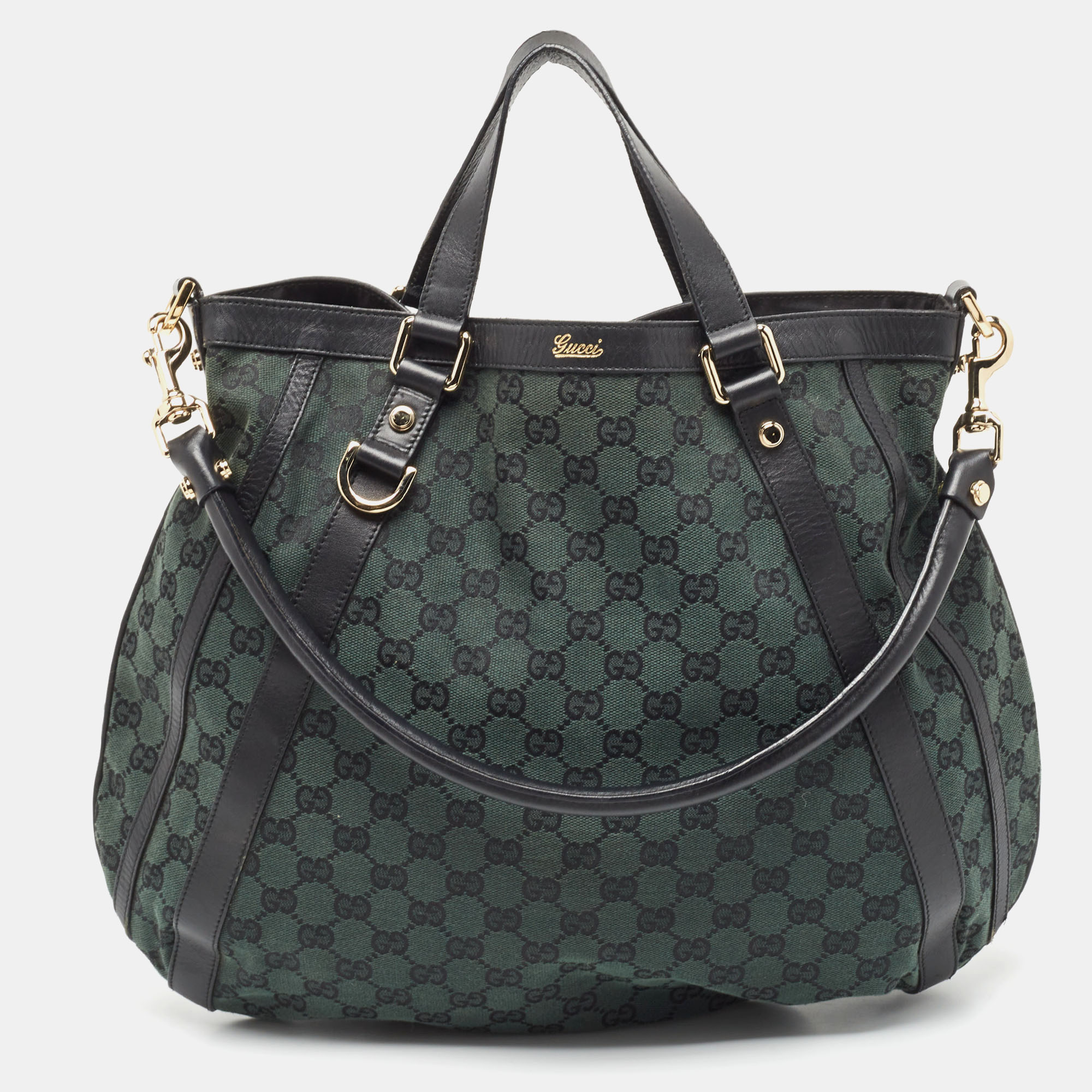 Pre-owned Gucci Green/black Gg Canvas And Leather Abbey Hobo