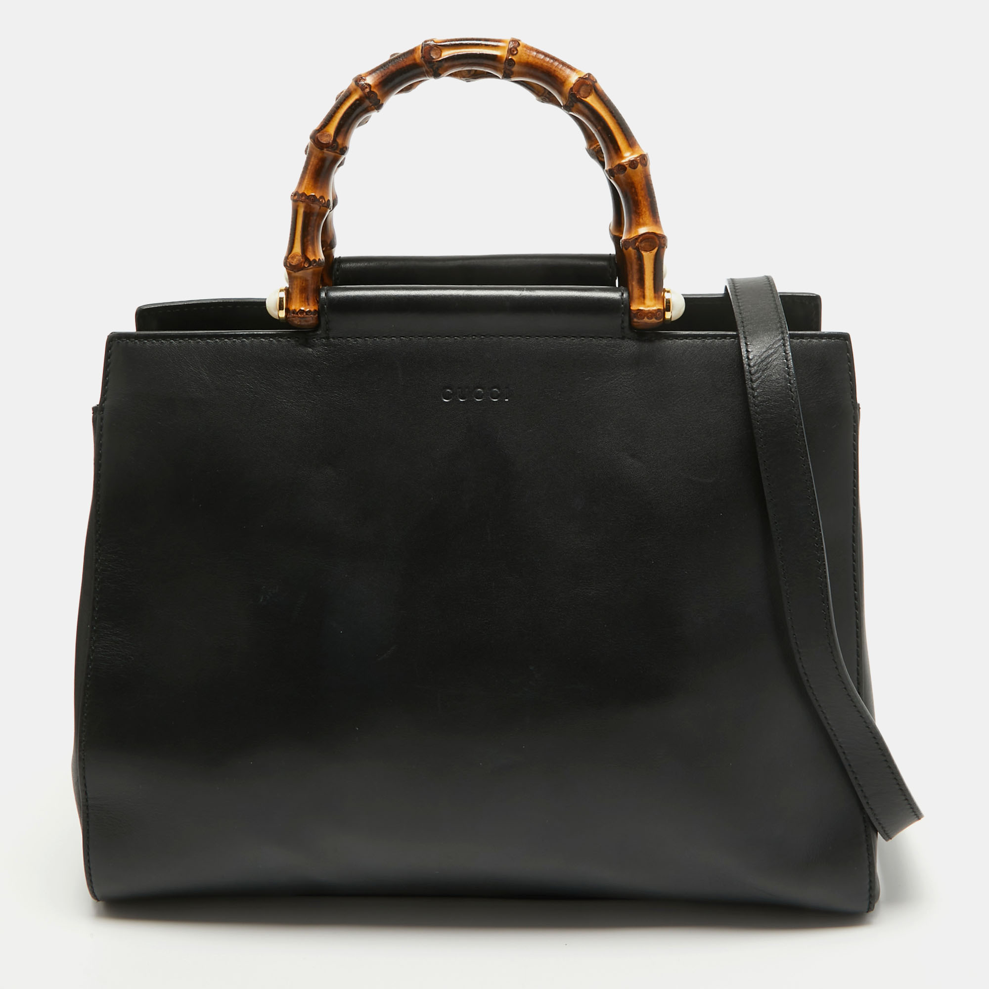 Pre-owned Gucci Black Leather Bamboo Nymphaea Tote