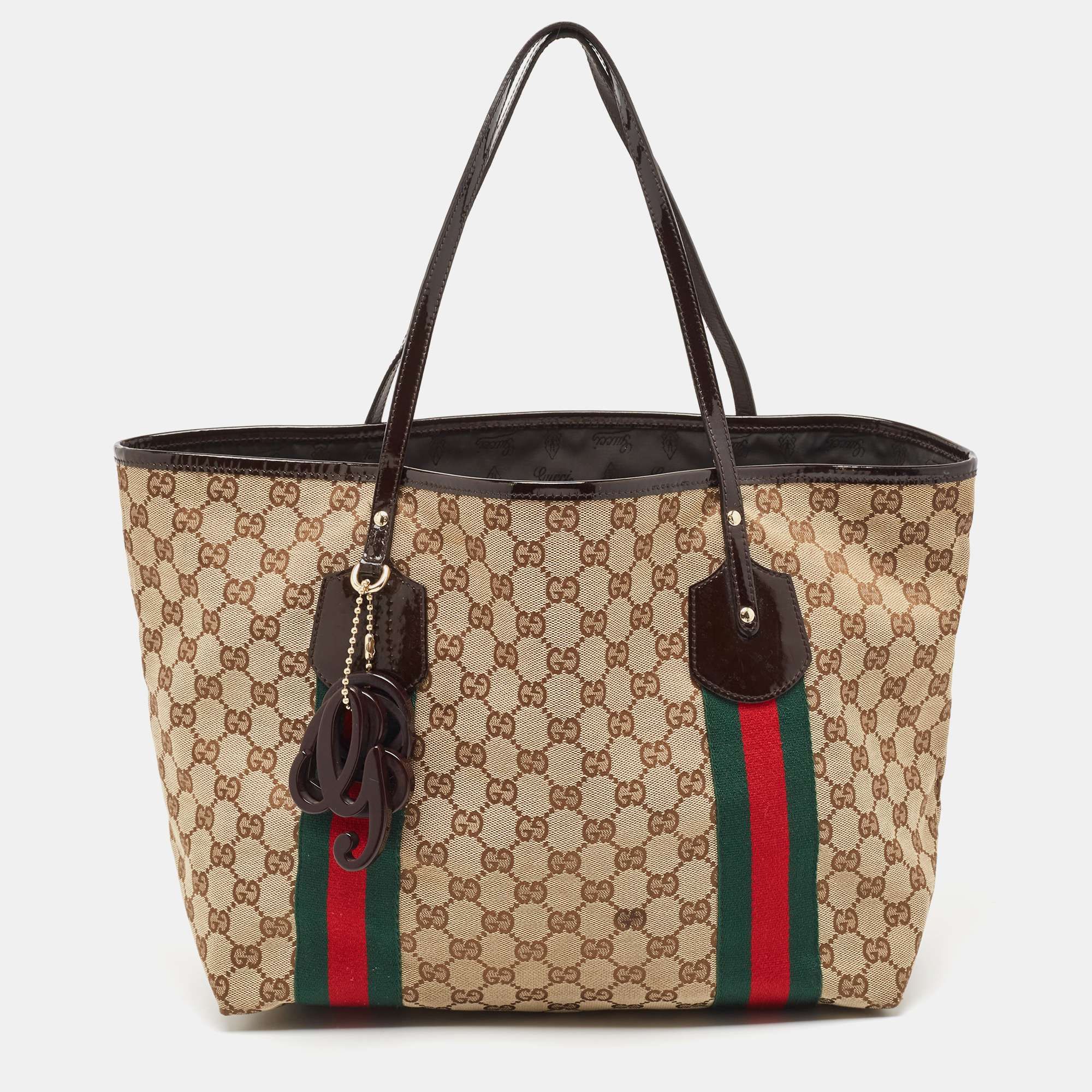 

Gucci Beige/Brown GG Canvas and Patent Leather Jolie Web Charms Tote