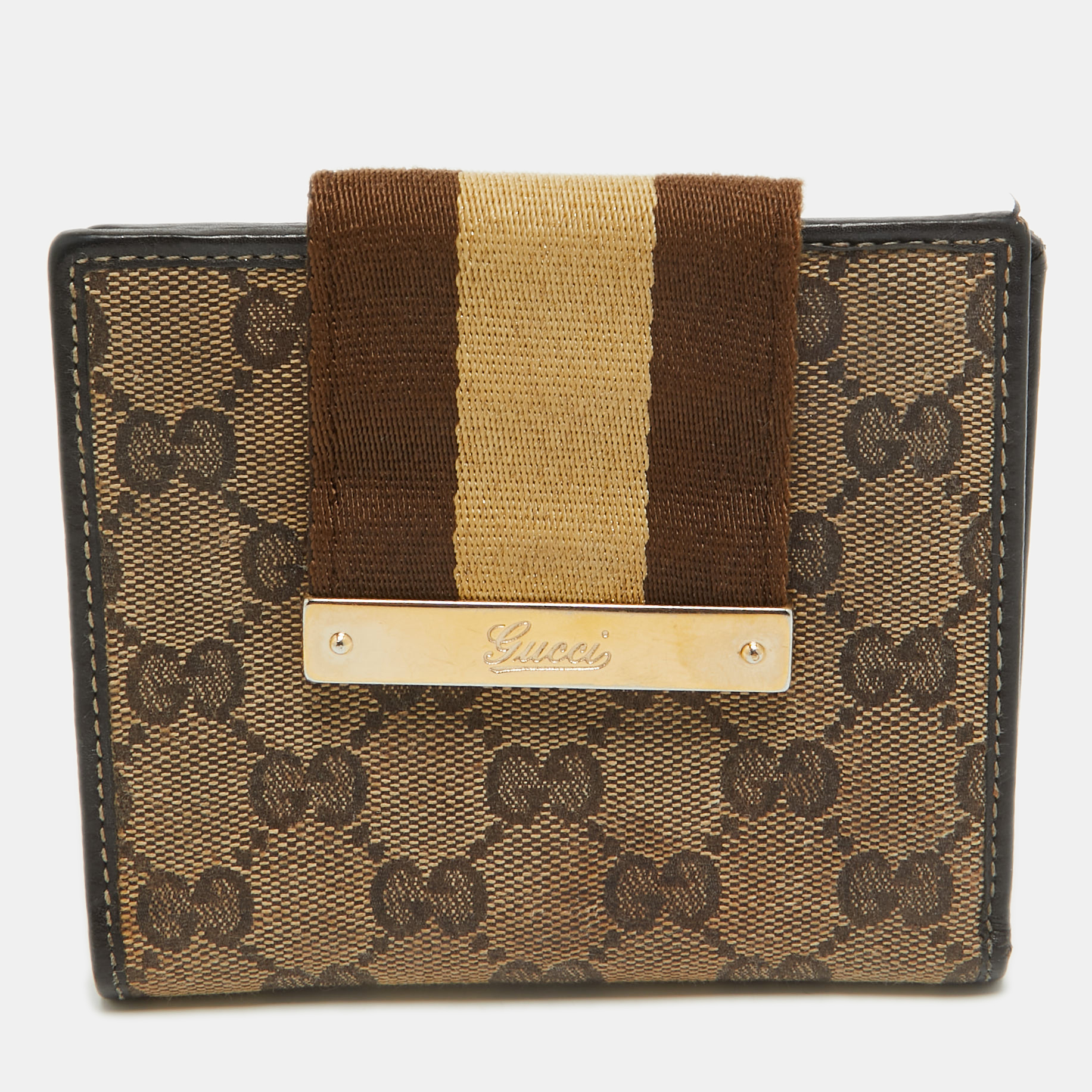 Pre-owned Gucci Beige/brown Gg Supreme Canvas Web Flap French Wallet