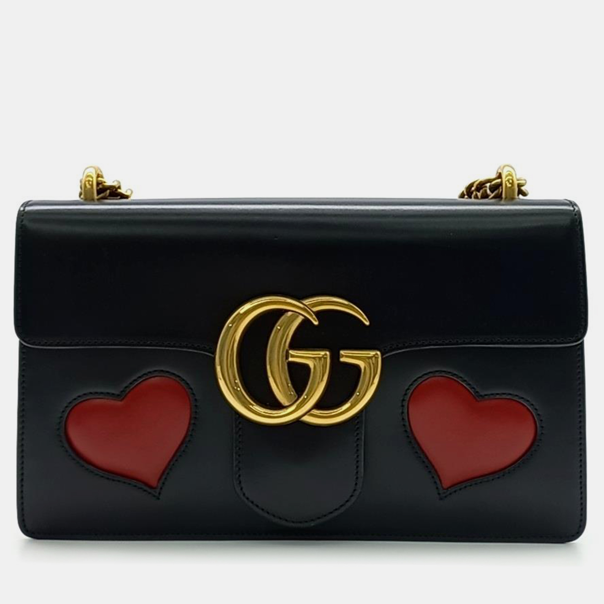 Pre-owned Gucci Marmont Heart Chain Shoulder Bag (431777) In Black