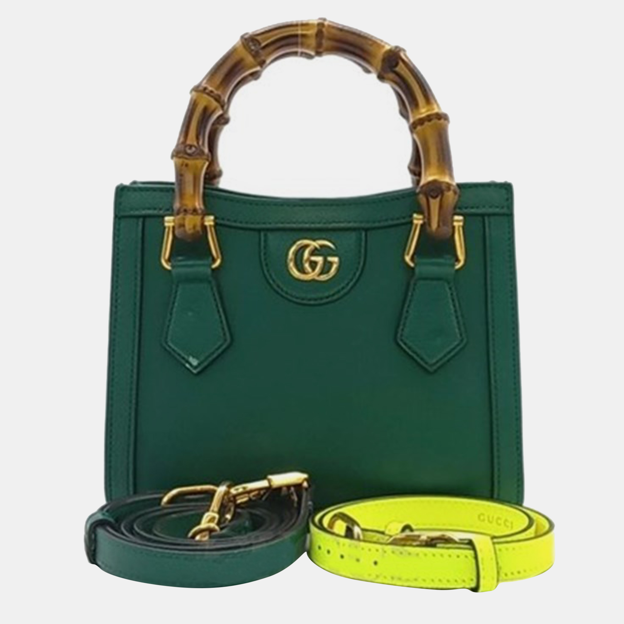 Pre-owned Gucci Green/neon Yellow Leather Diana Bamboo Tote Bag