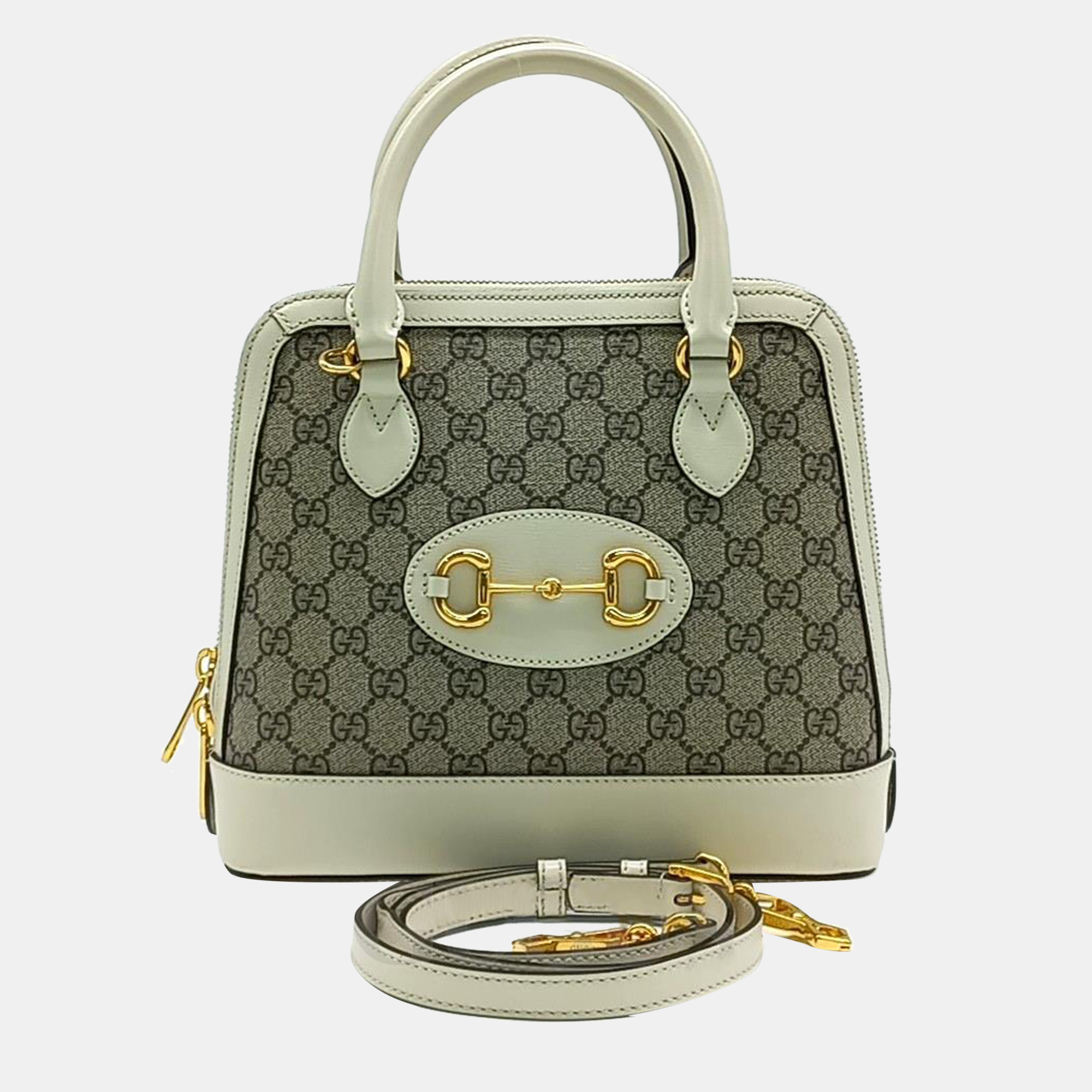 Pre-owned Gucci Beige/white Gg Canvas Small Horsebit 1955 Top Handle Bag