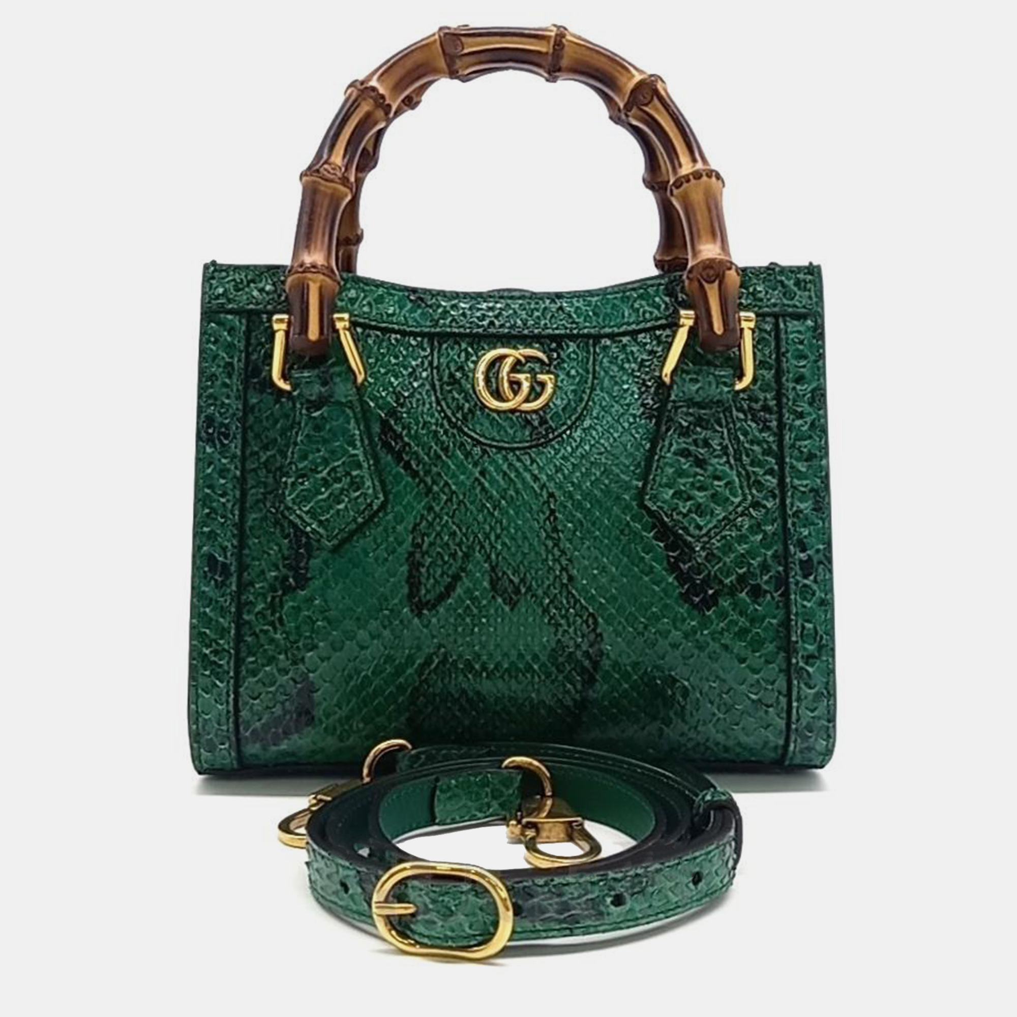 Pre-owned Gucci Green Python Leather Mini Diana Tote Bag