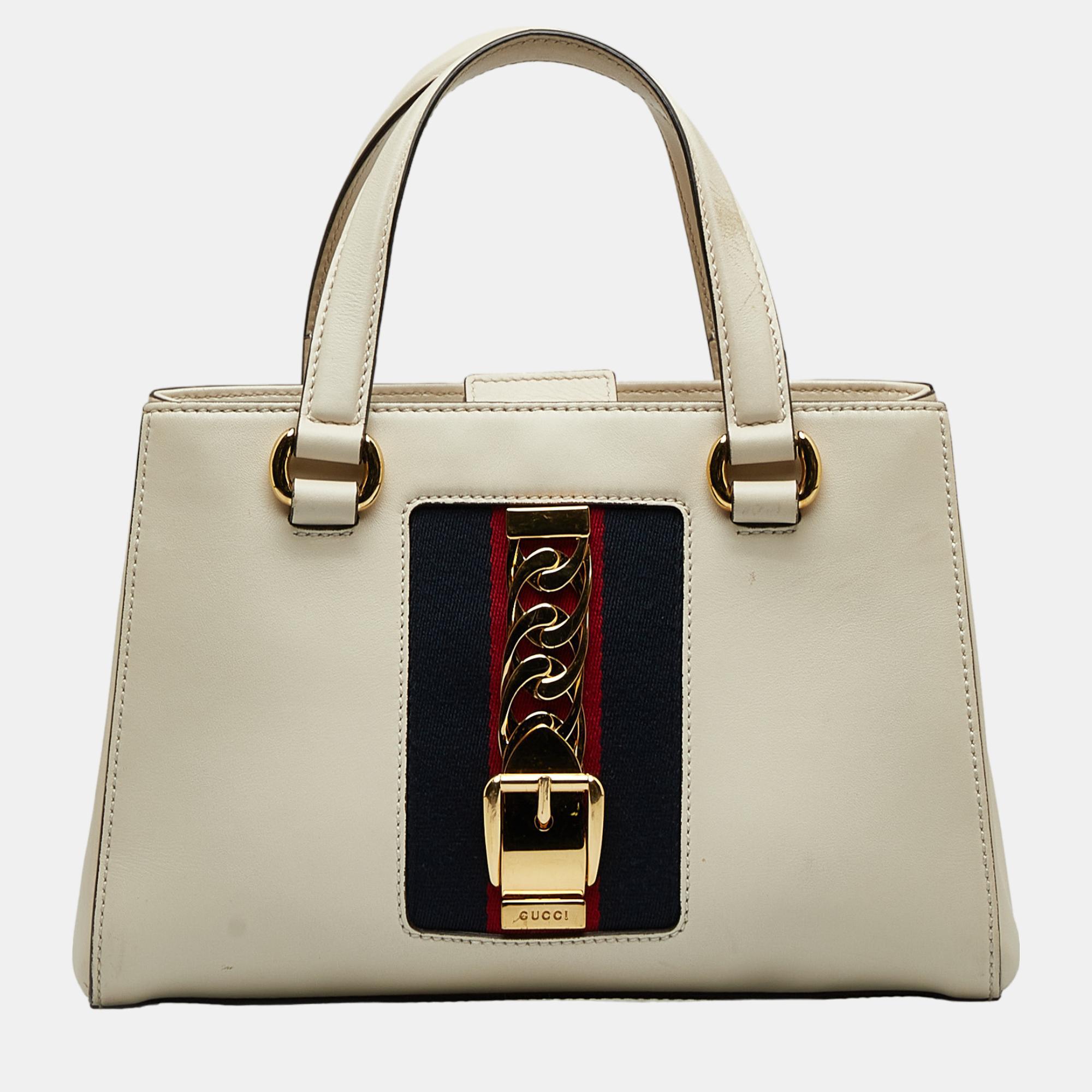 Pre-owned Gucci White Sylvie Web Top Handle Satchel