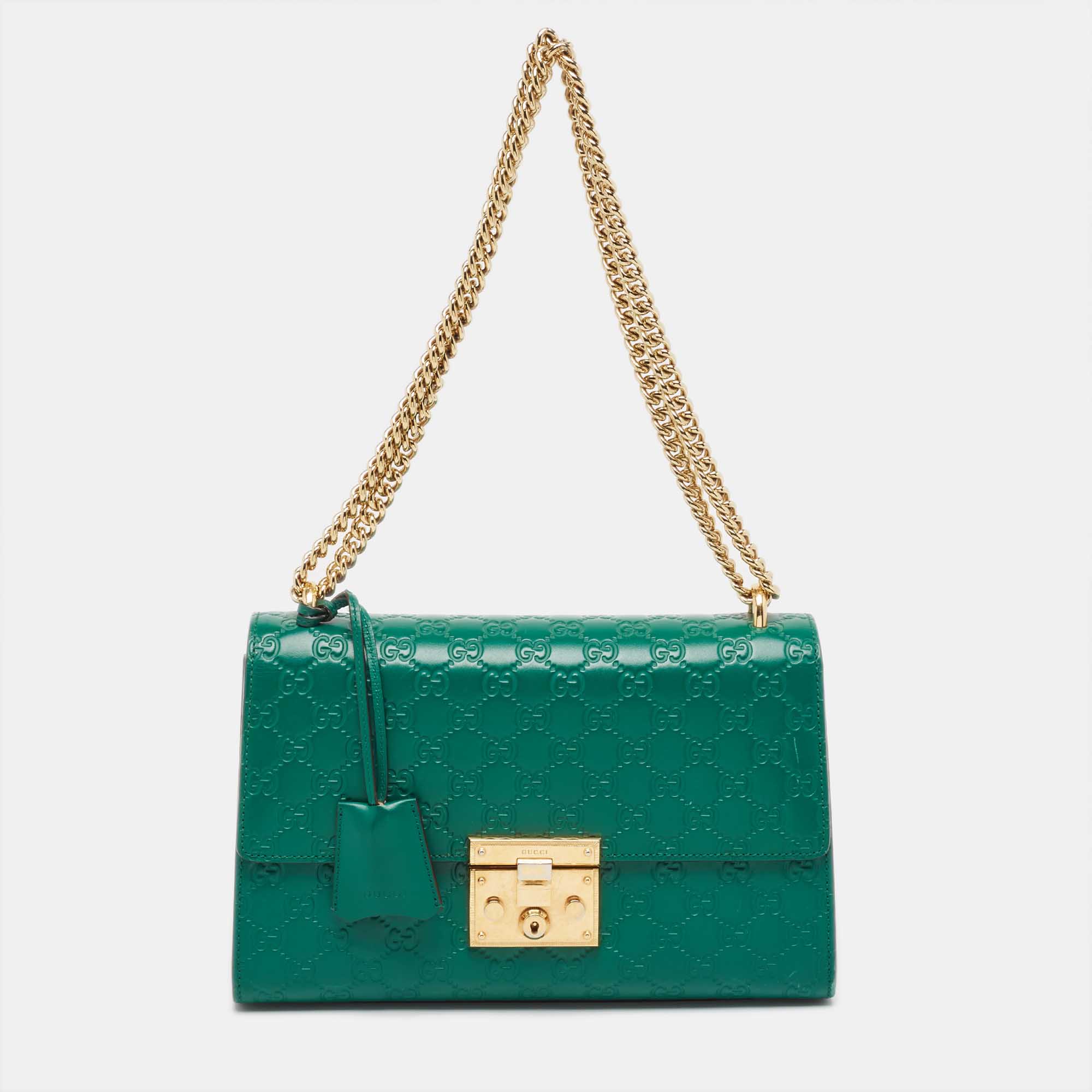 Pre-owned Gucci Ssima Leather Medium Padlock Shoulder Bag In Green