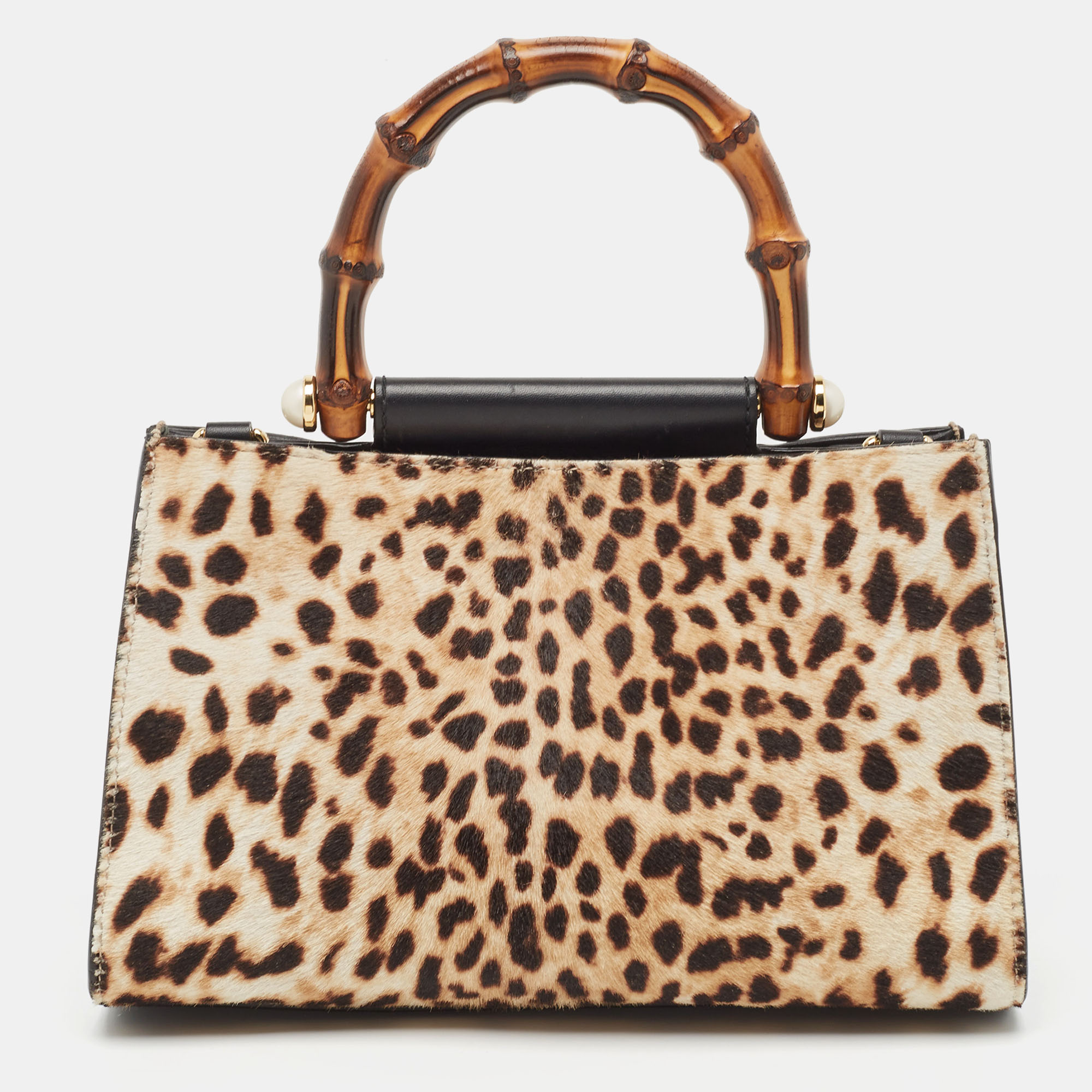 

Gucci Beige/Black Leopard Print Calfhair and Leather Mini Nymphaea Bamboo Top Handle Bag