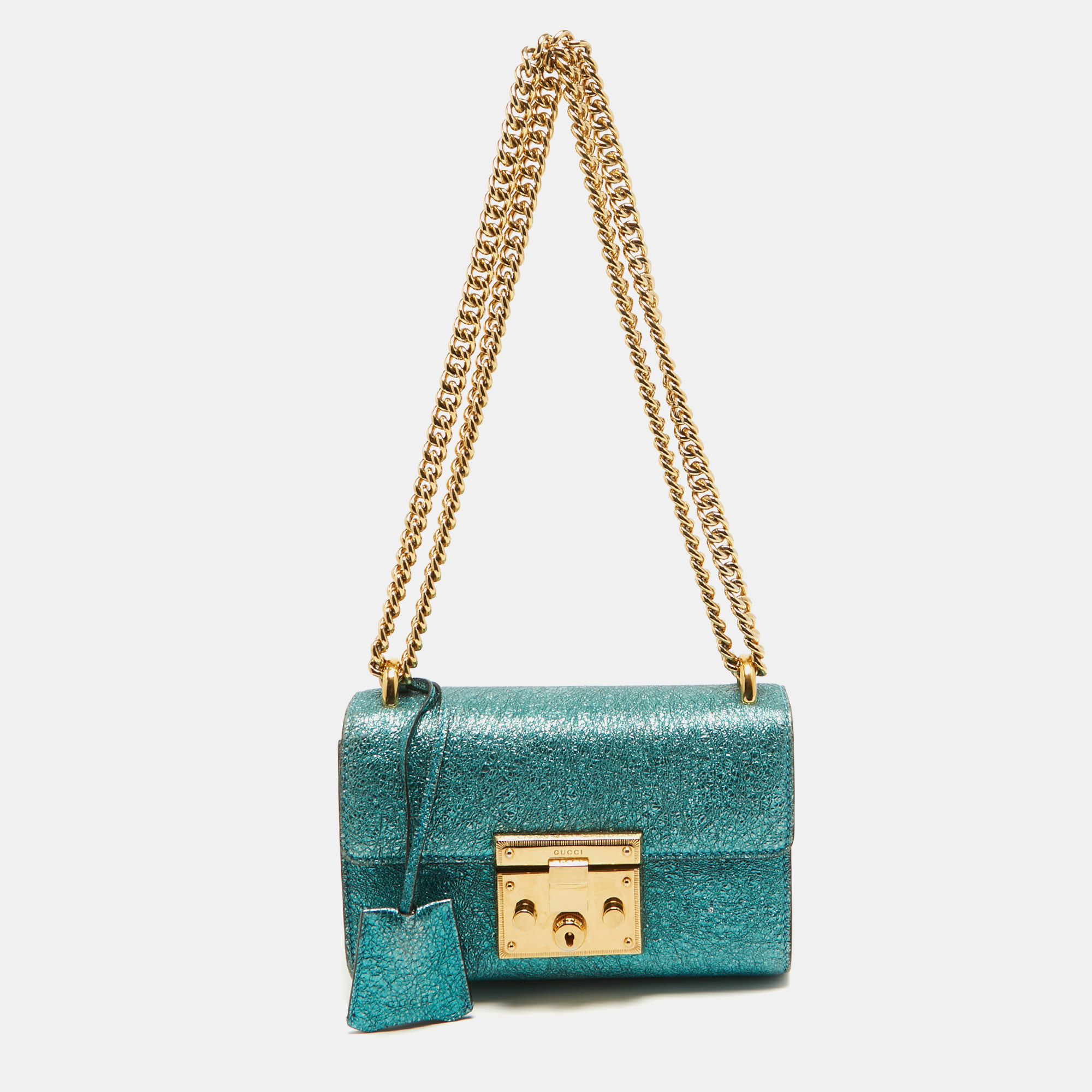 Pre-owned Gucci Metallic Teal Crinkled Leather Small Padlock Shoulder Bag In Green