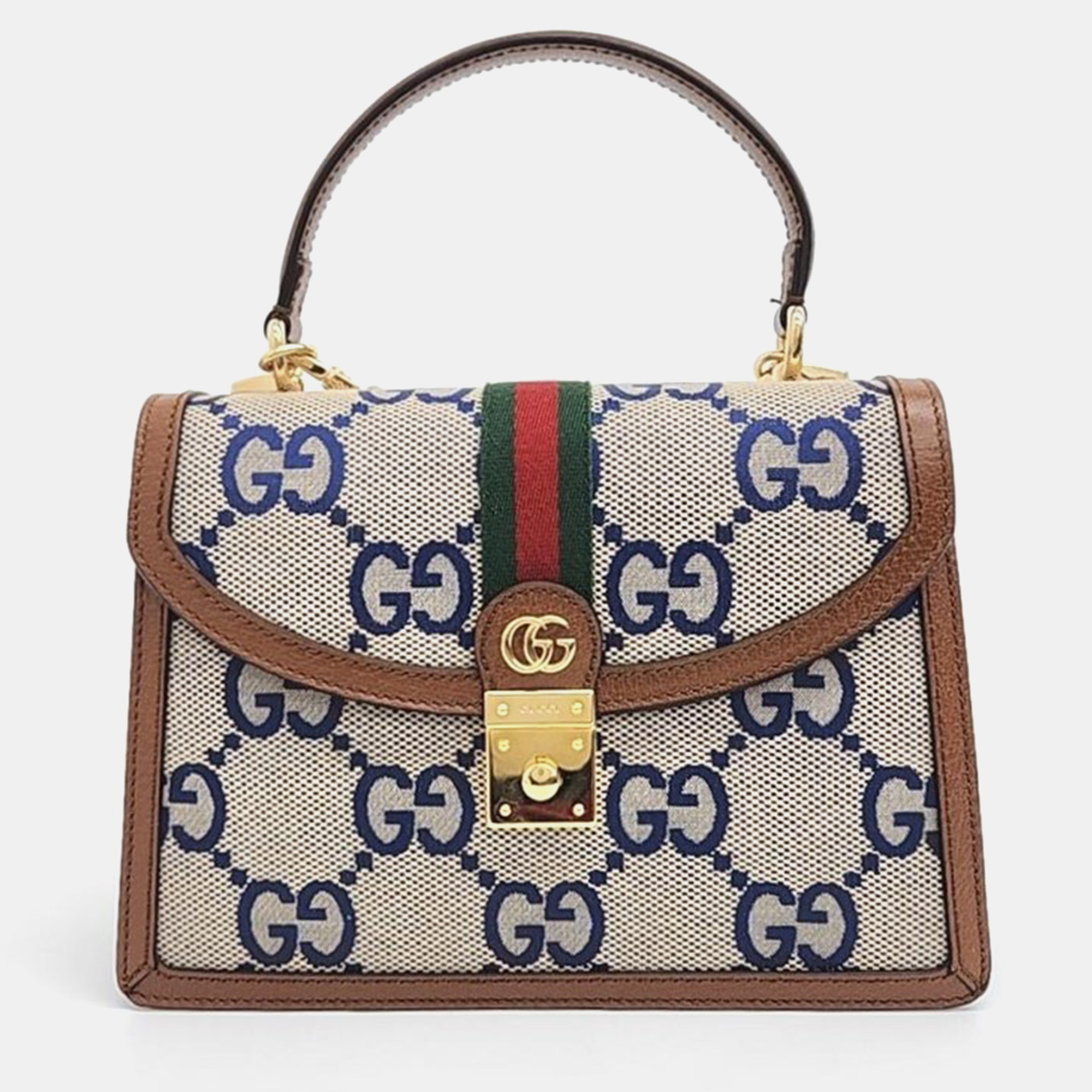 Pre-owned Gucci Beige Gg Canvas Ophidia Top Handle Bag