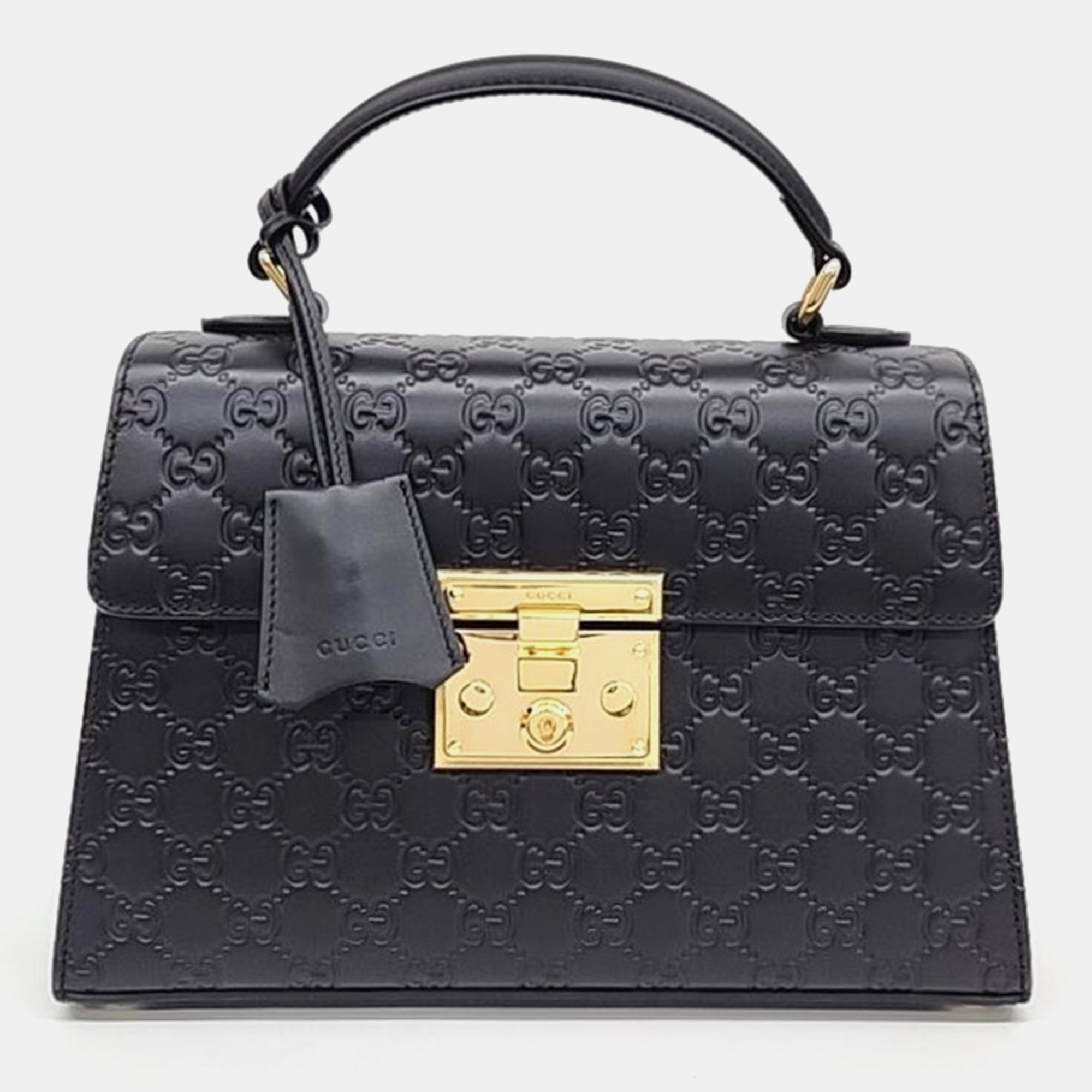 

Gucci Black GG Signature Leather Small Padlock Top Handle Bag