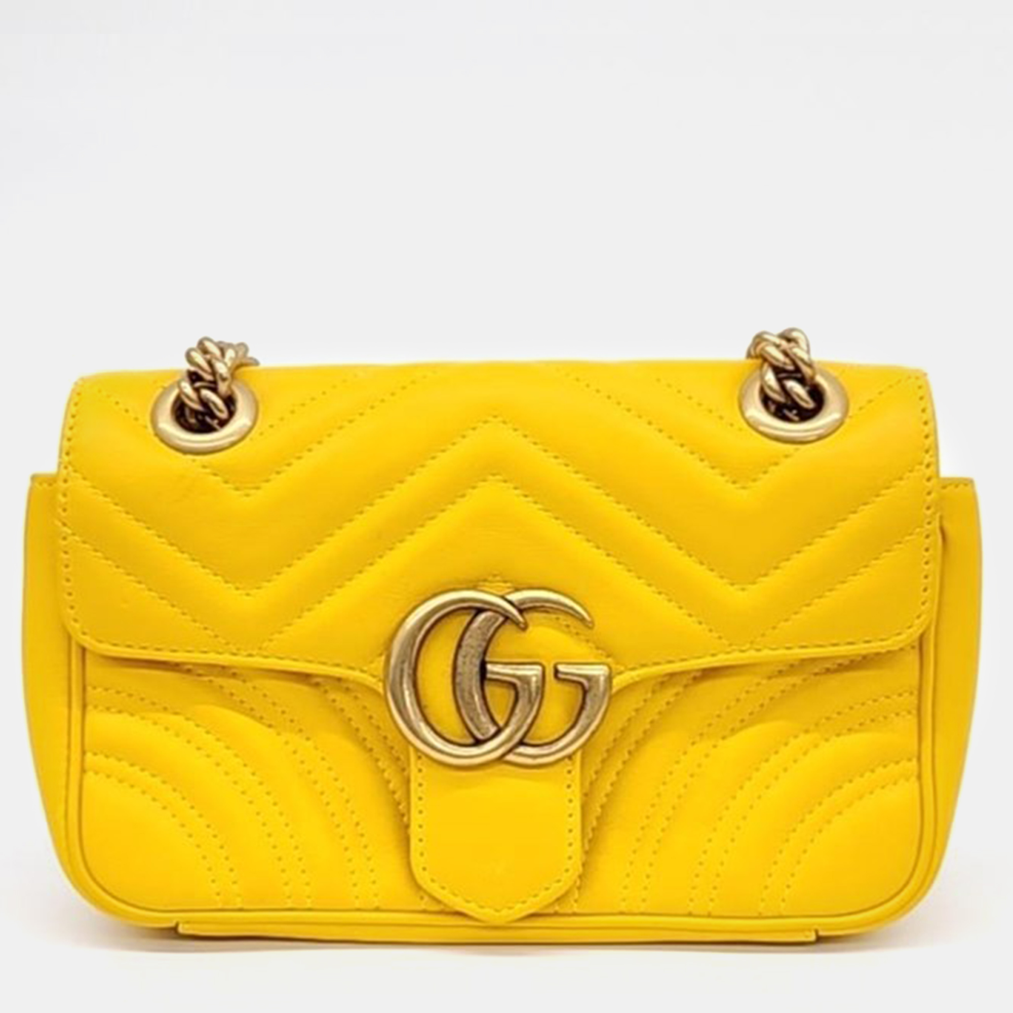 Pre-owned Gucci Yellow Quilted Leather Gg Marmont Mini Shoulder Bag