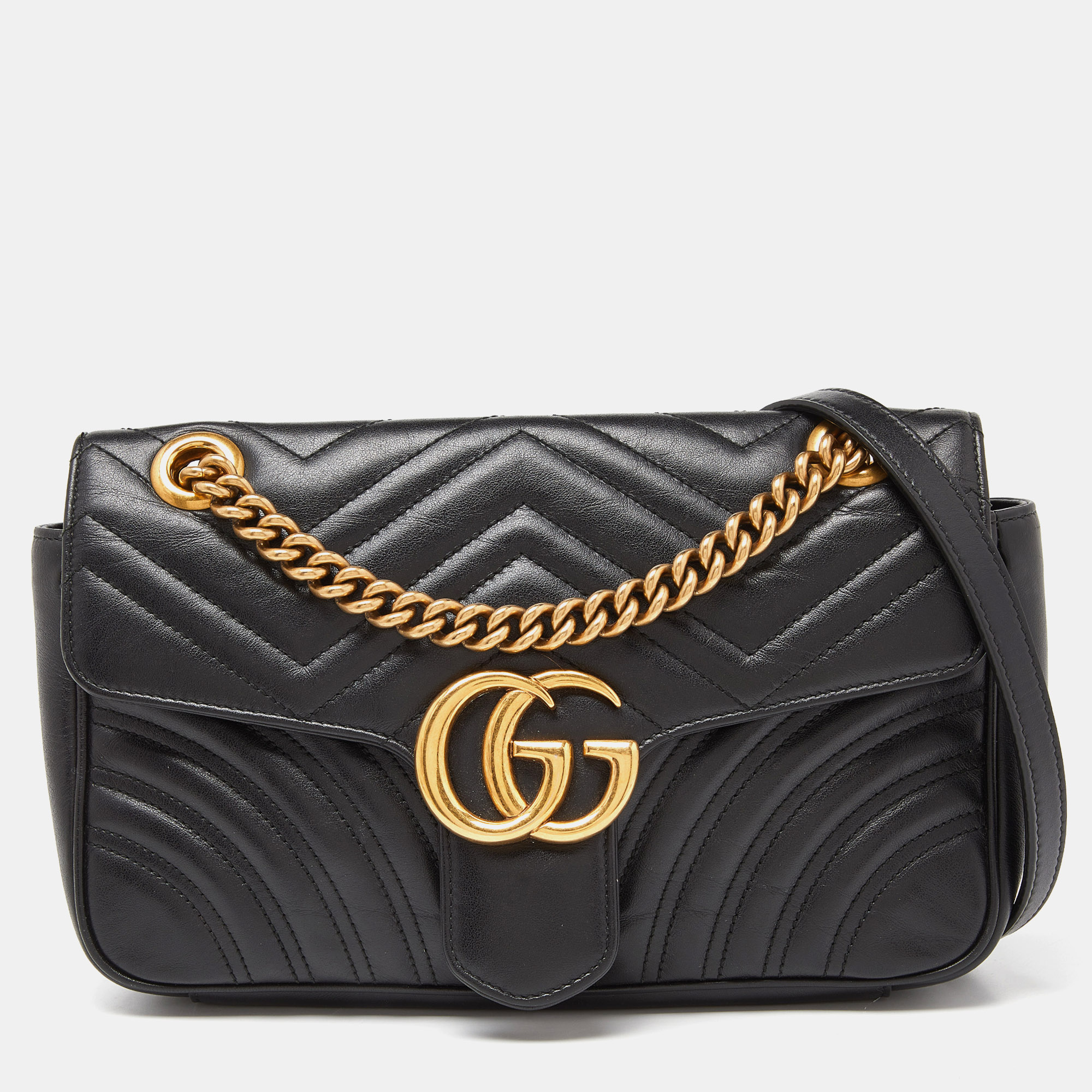 Pre-owned Gucci Black Matelassé Leather Small Gg Marmont Shoulder Bag