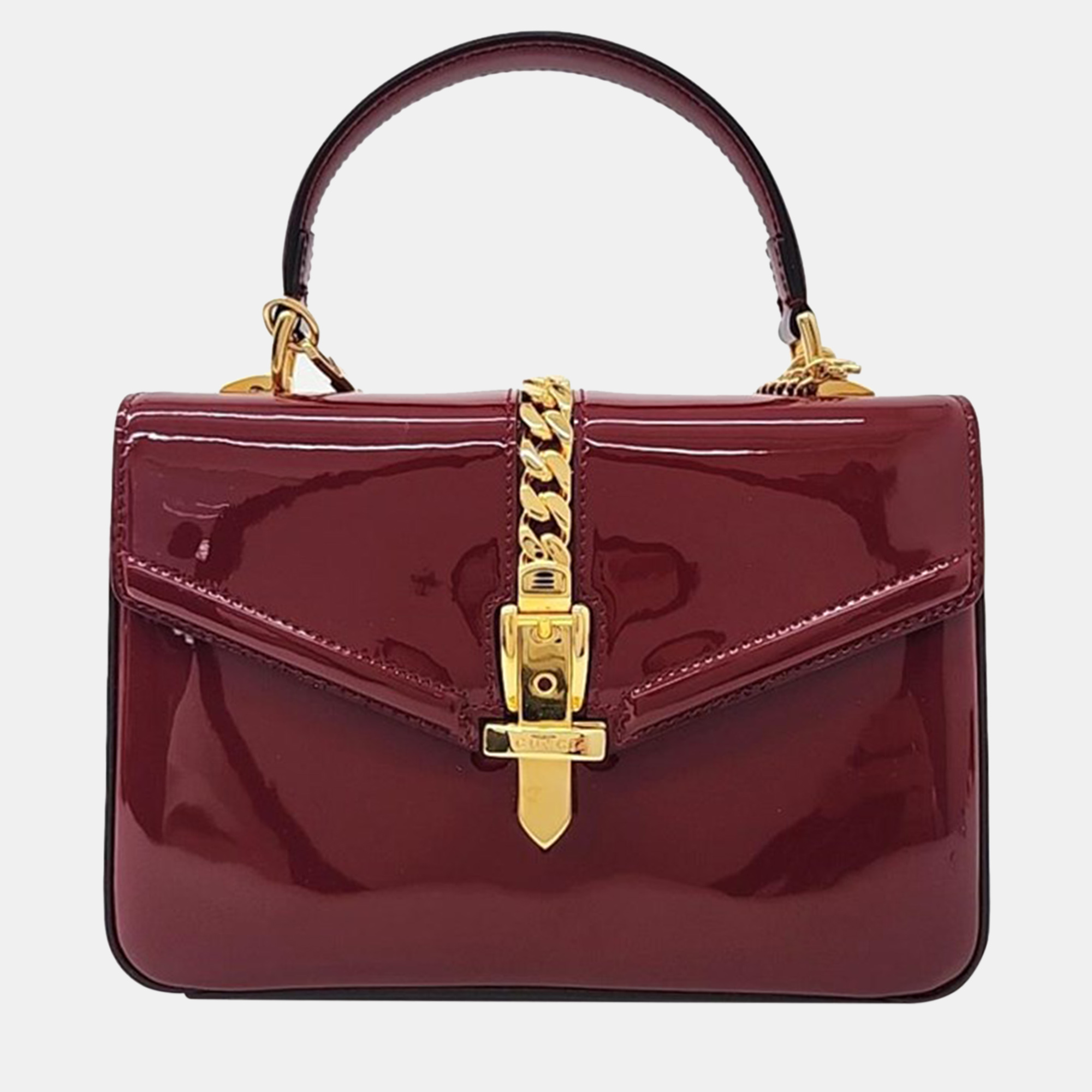 Pre-owned Gucci Patented Sylvie 1969 Mini Top Handle Bag (589479) In Red