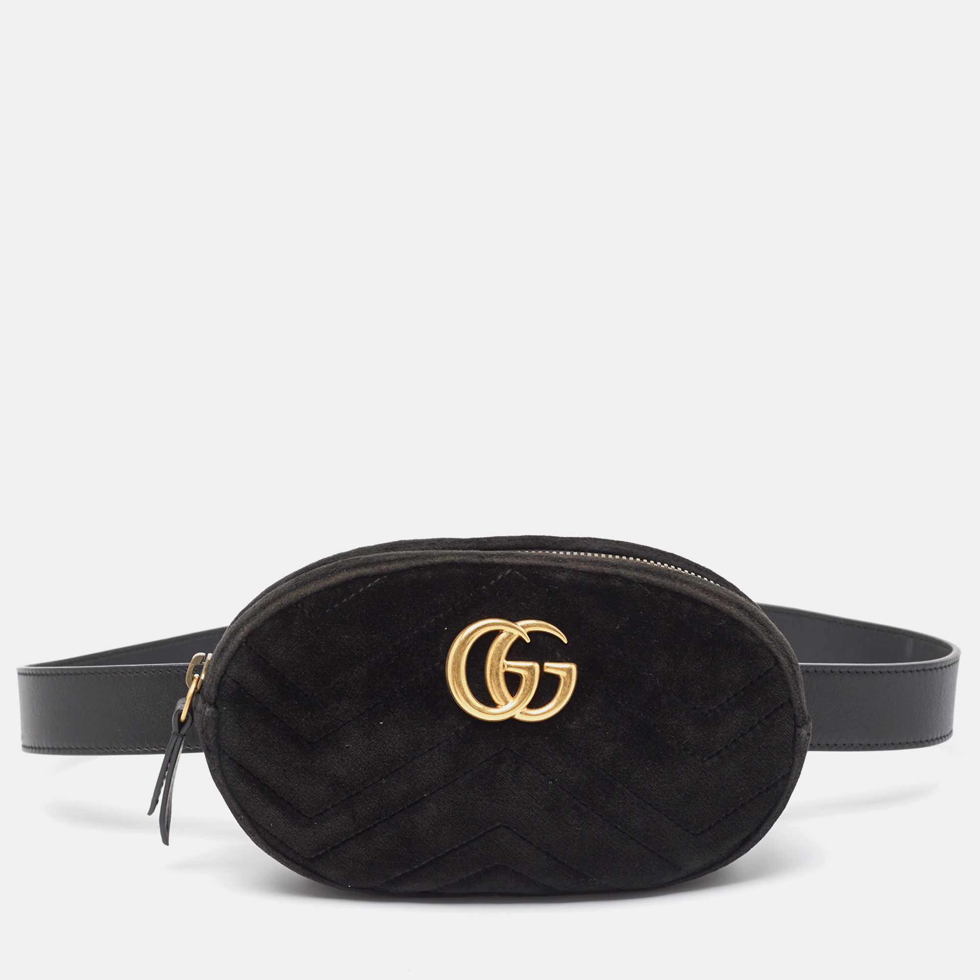 

Gucci Black Matelassé Velvet and Leather Mini GG Marmont Belt Bag