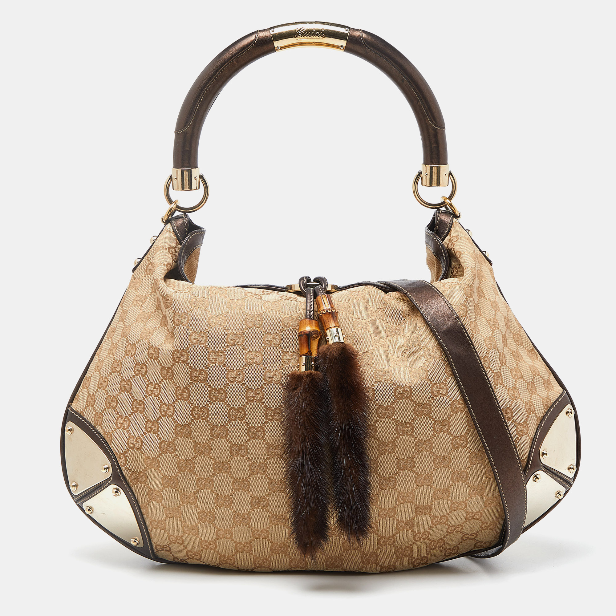 

Gucci Beige/Dark Brown GG Canvas and Leather/Mink Fur Large Babouska Indy Hobo