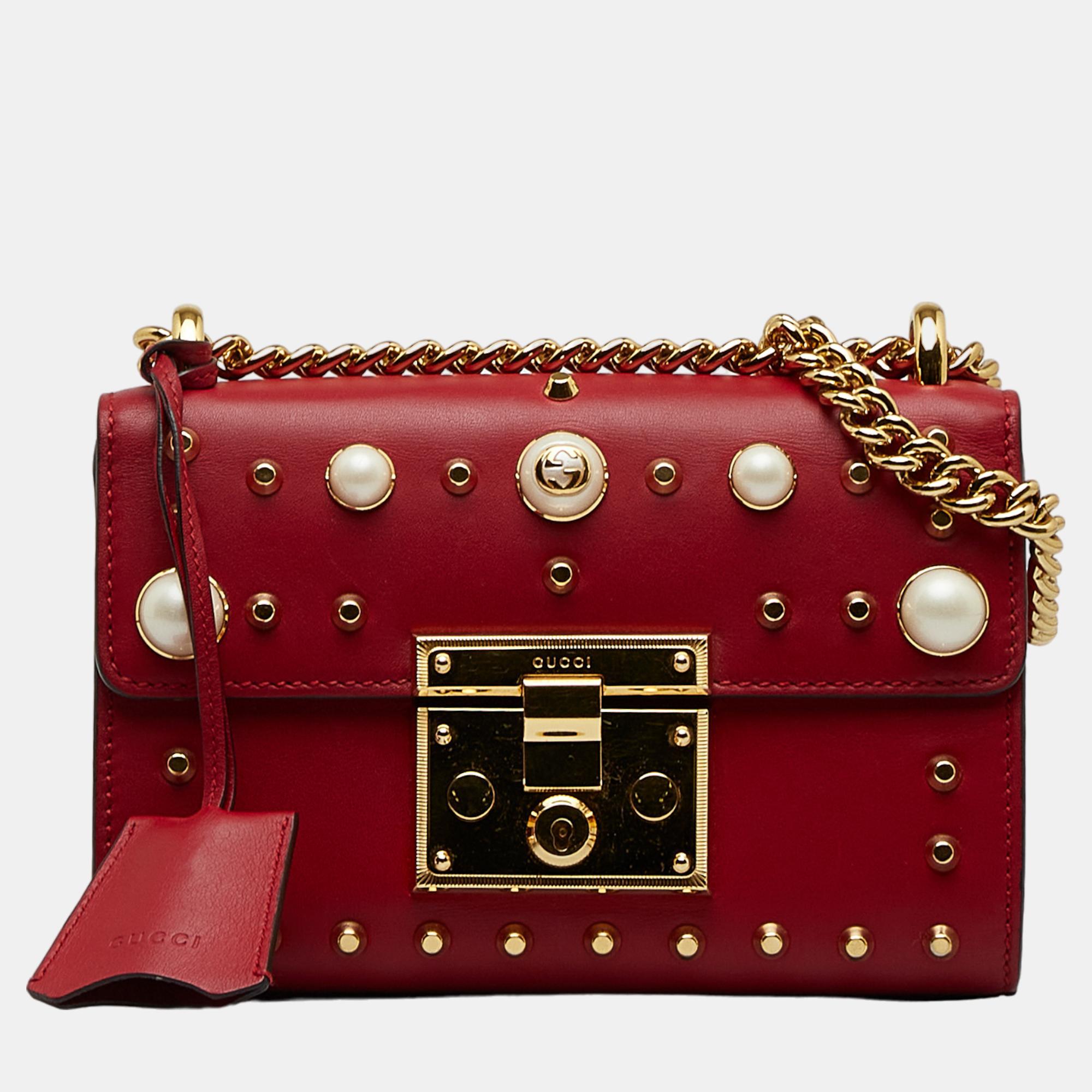

Gucci Red Small Pearl Studded Padlock Crossbody Bag