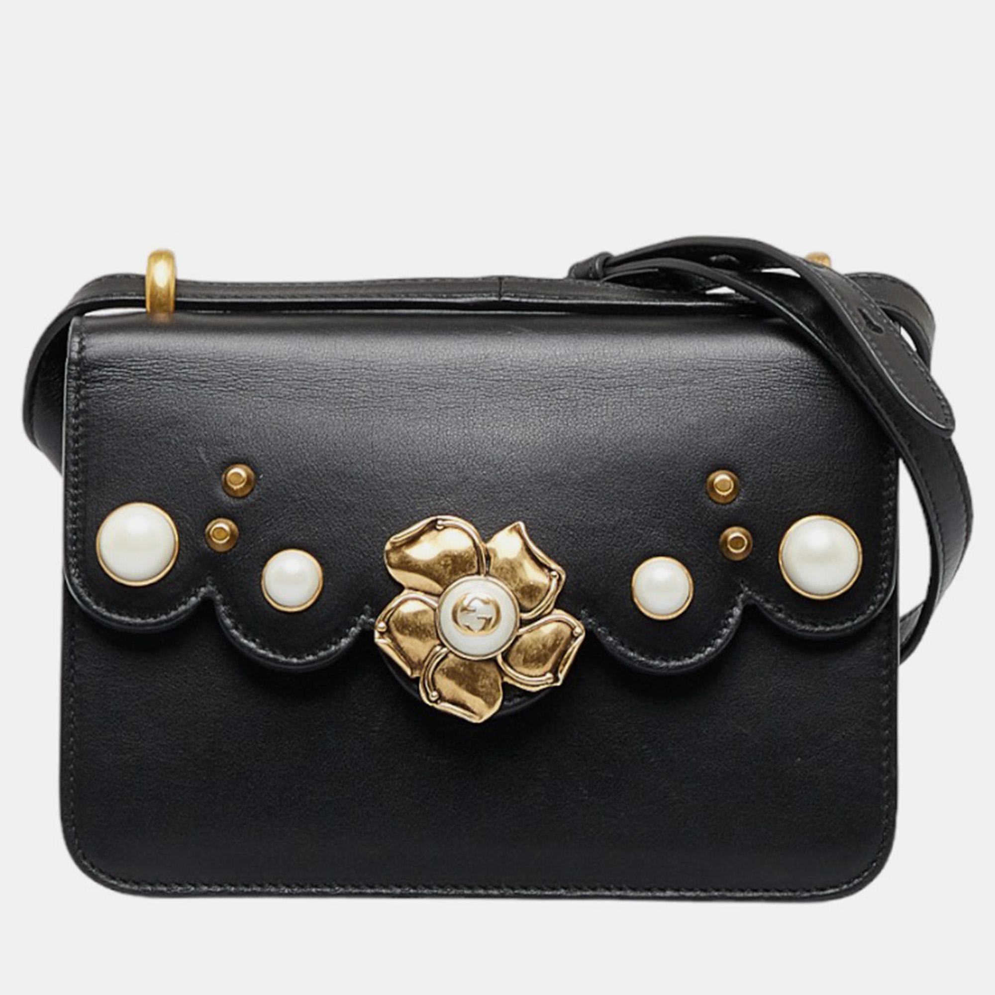 Pre-owned Gucci Black Peony Pearly Crossbody Bag
