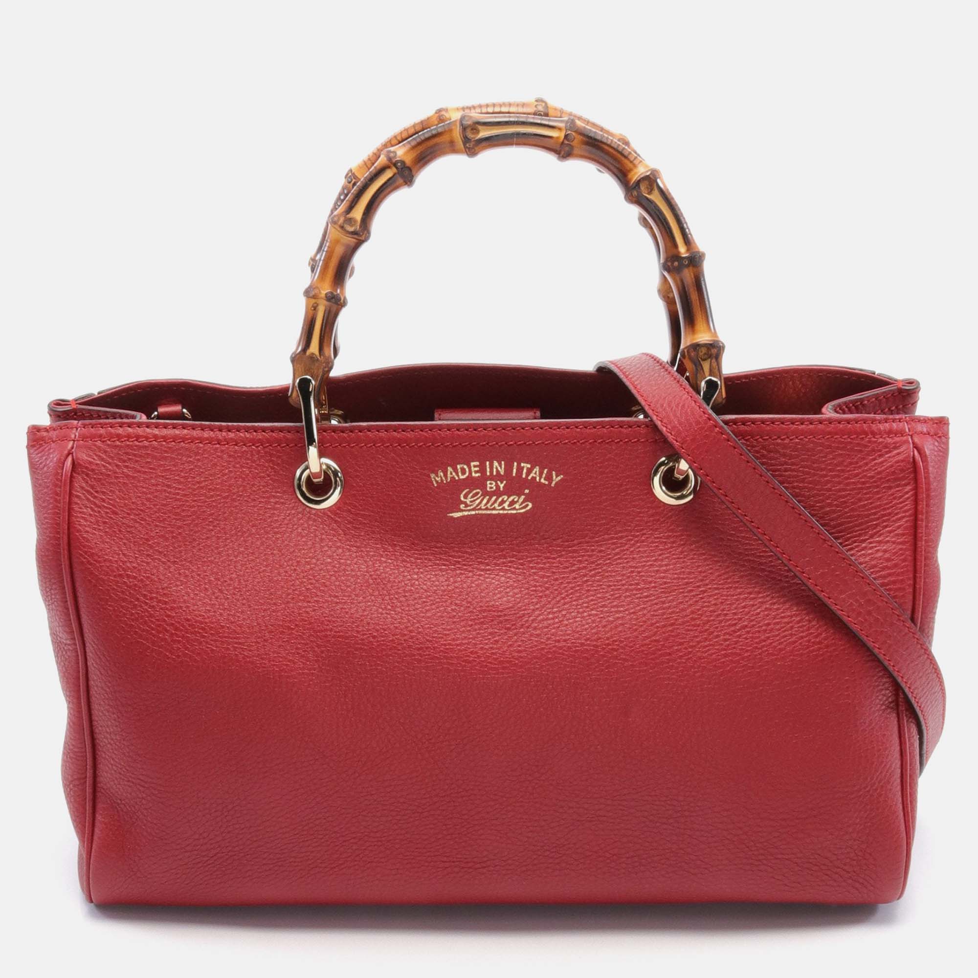 Pre-owned Gucci Bamboo Shopper Medium Handbag Tote Bag Leather Red 2way