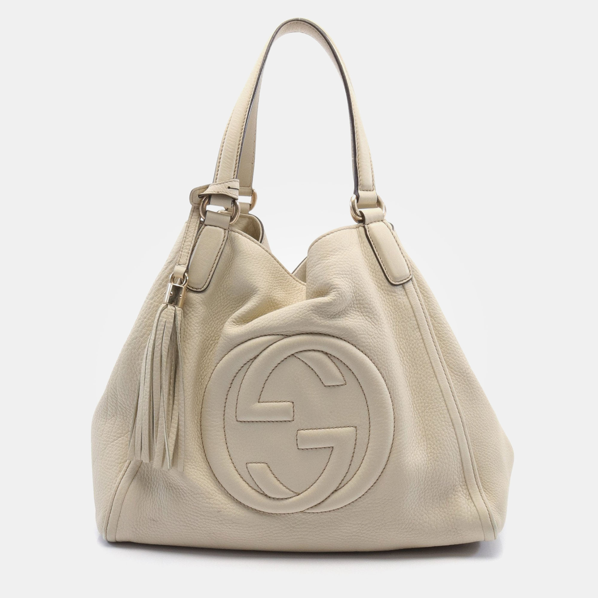Pre-owned Gucci Soho Cellarius Interlocking G Handbag Tote Bag Leather Off White In Cream