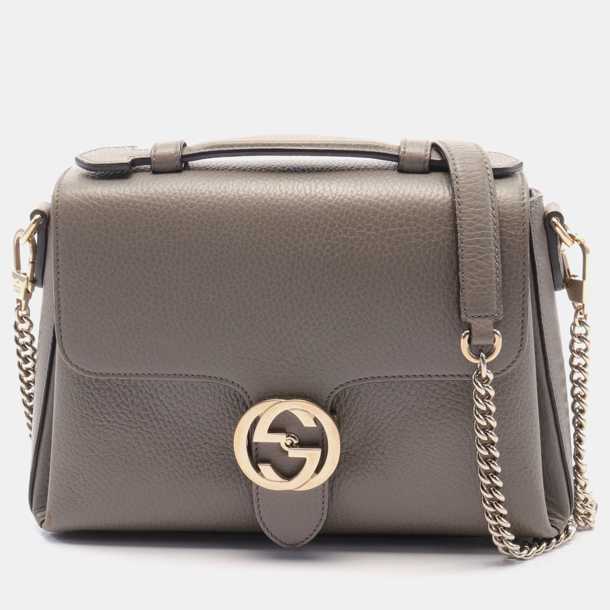 Pre-owned Gucci Interlocking G Handbag Leather Gray Beige In Grey