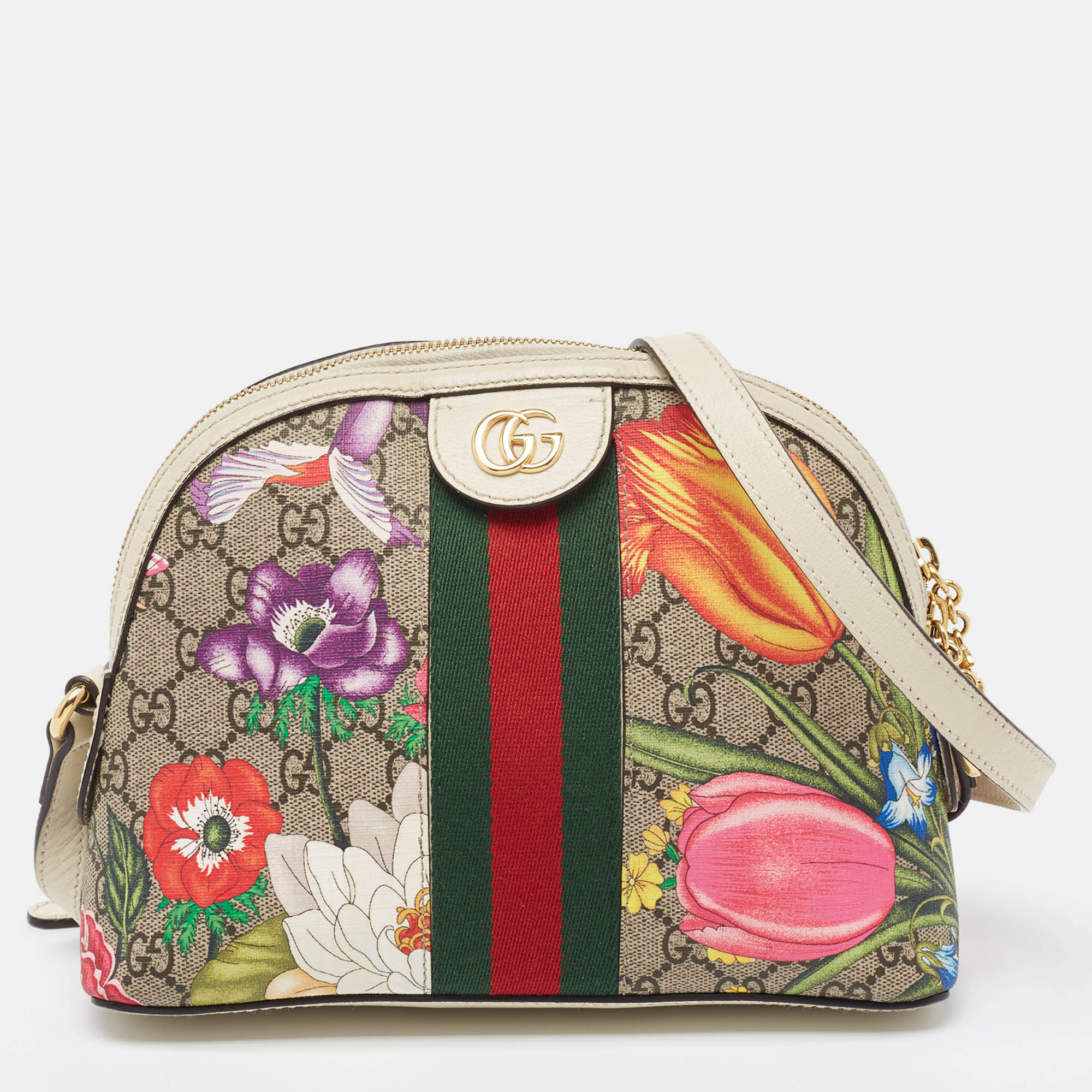 

Gucci Off White/Beige GG Supreme Canvas  Floral Ophidia Shoulder Bag