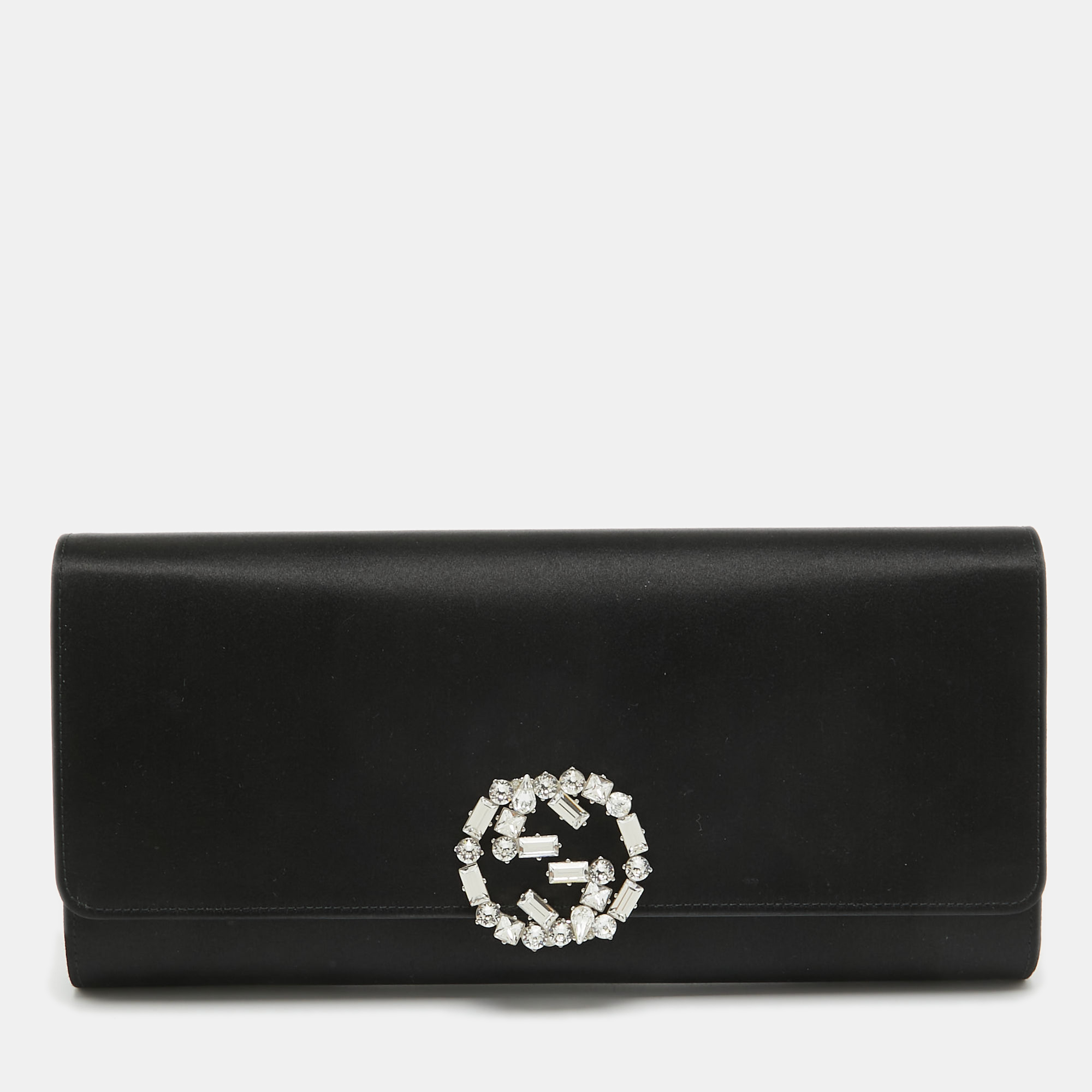 Pre-owned Gucci Black Satin Gg Broadway Crystals Clutch