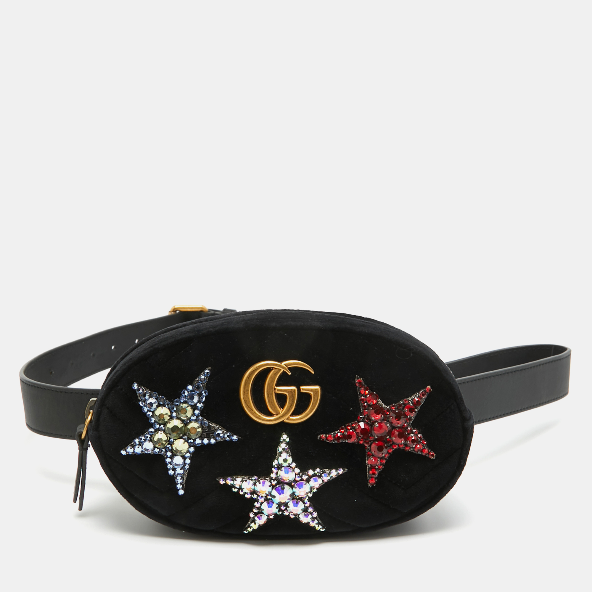 Pre-owned Gucci Black Matelassé Velvet Star Crystal Gg Marmont Belt Bag