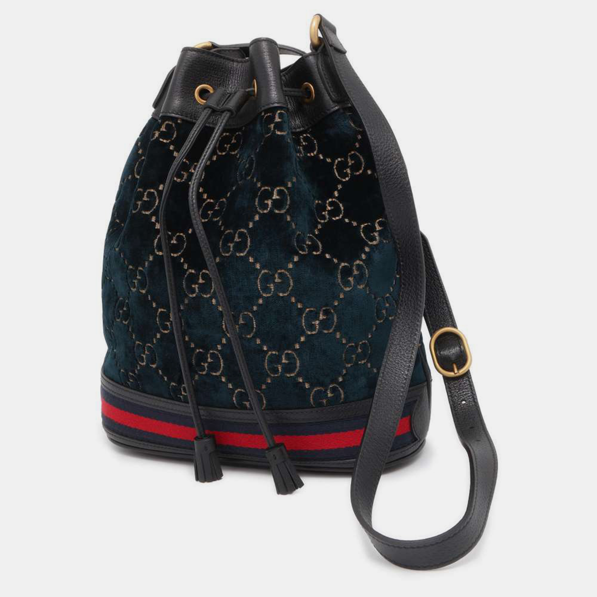 Pre-owned Gucci Blue Velvet Ophidia Bucket Bag In Black
