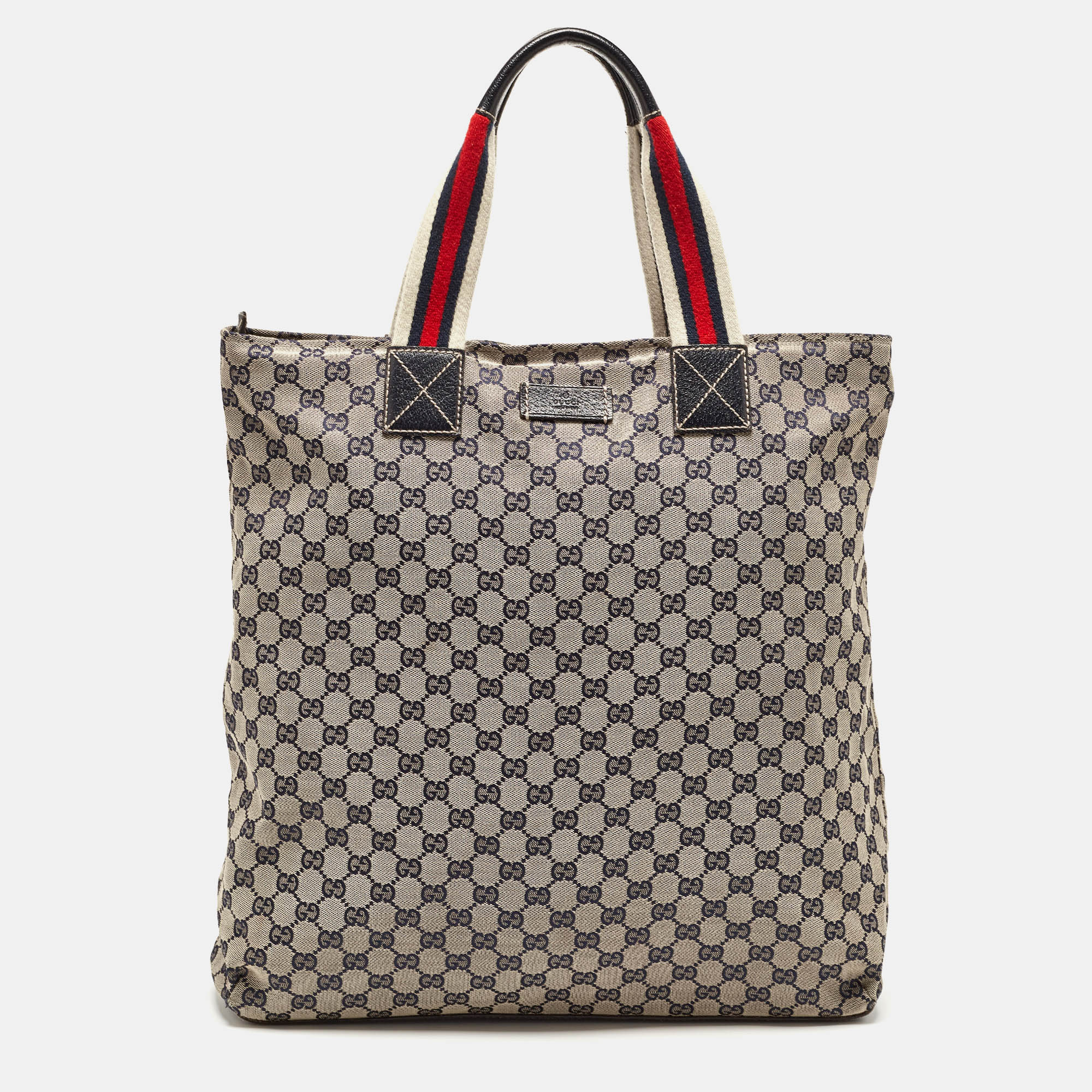 

Gucci Navy Blue GG Canvas and Leather Web Vertical Tote