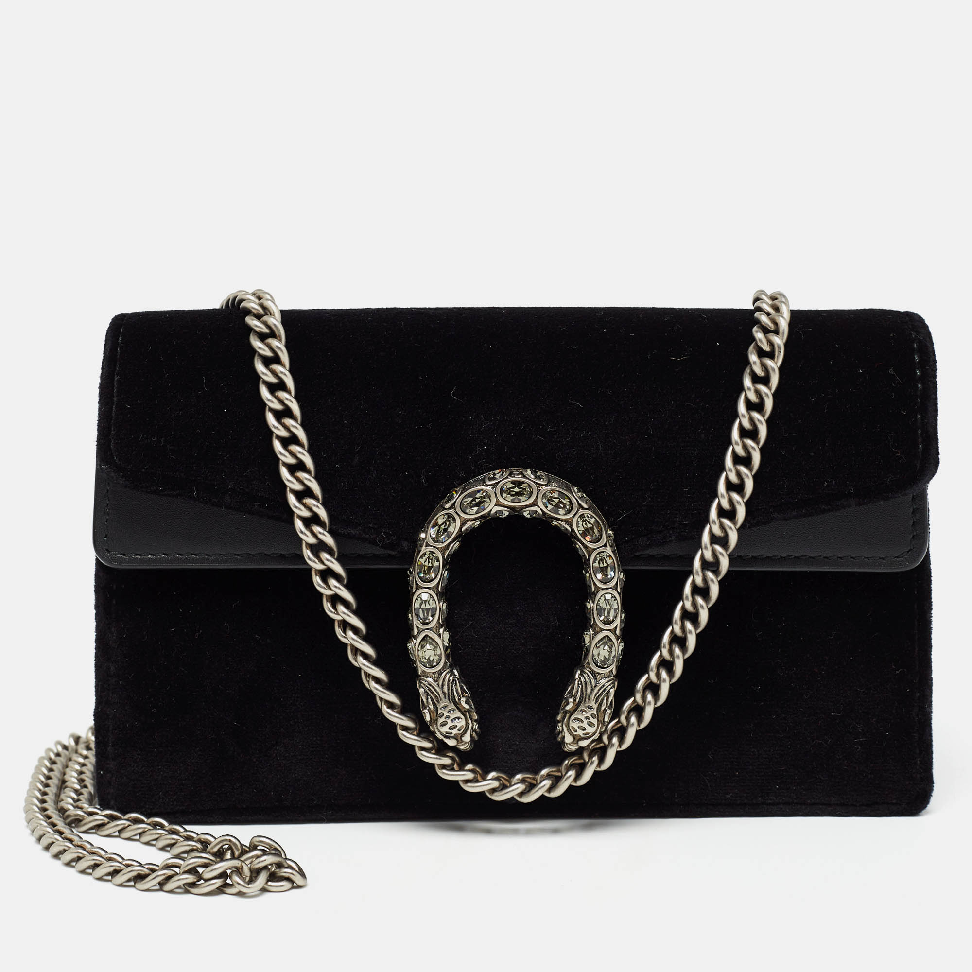 Pre-owned Gucci Black Leather And Velvet Super Mini Dionysus Crystals Chain Bag