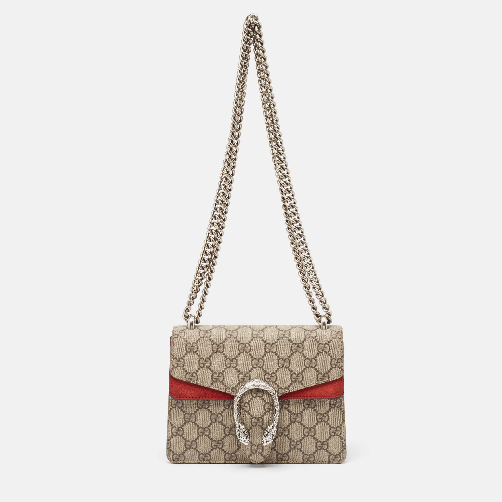Pre-owned Gucci Red/beige Gg Supreme Canvas And Suede Mini Dionysus Shoulder Bag