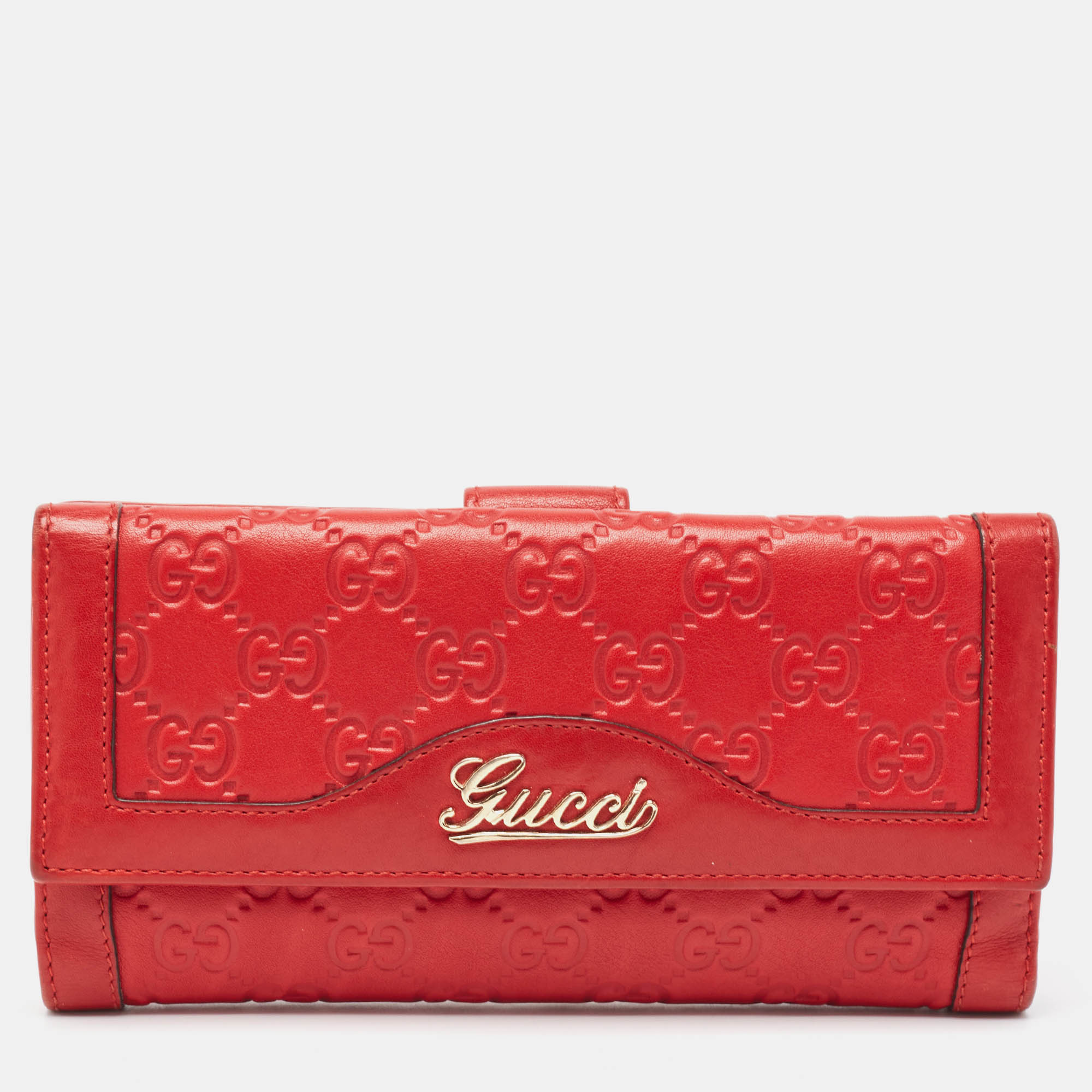 Pre-owned Gucci Ssima Leather Logo French Wallet In Red