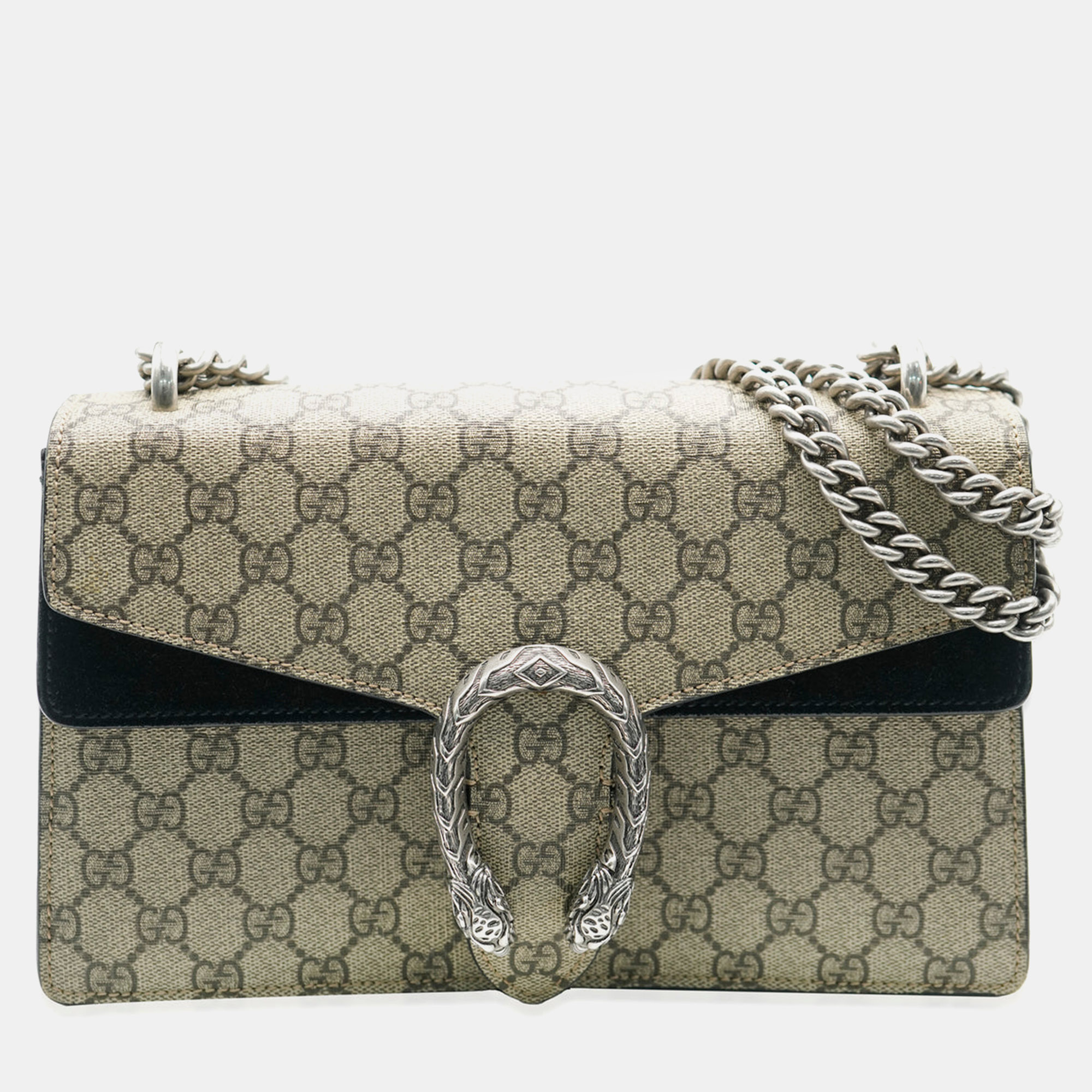 

Gucci Black Suede Beige Canvas GG Supreme Small Dionysus Bag, Brown