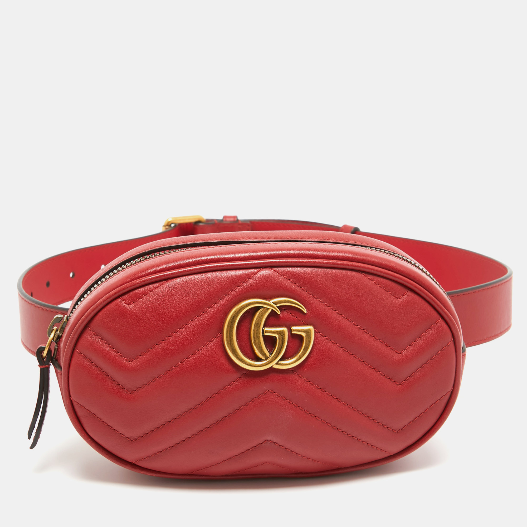 Pre-owned Gucci Red Matelassé Leather Gg Marmont Belt Bag