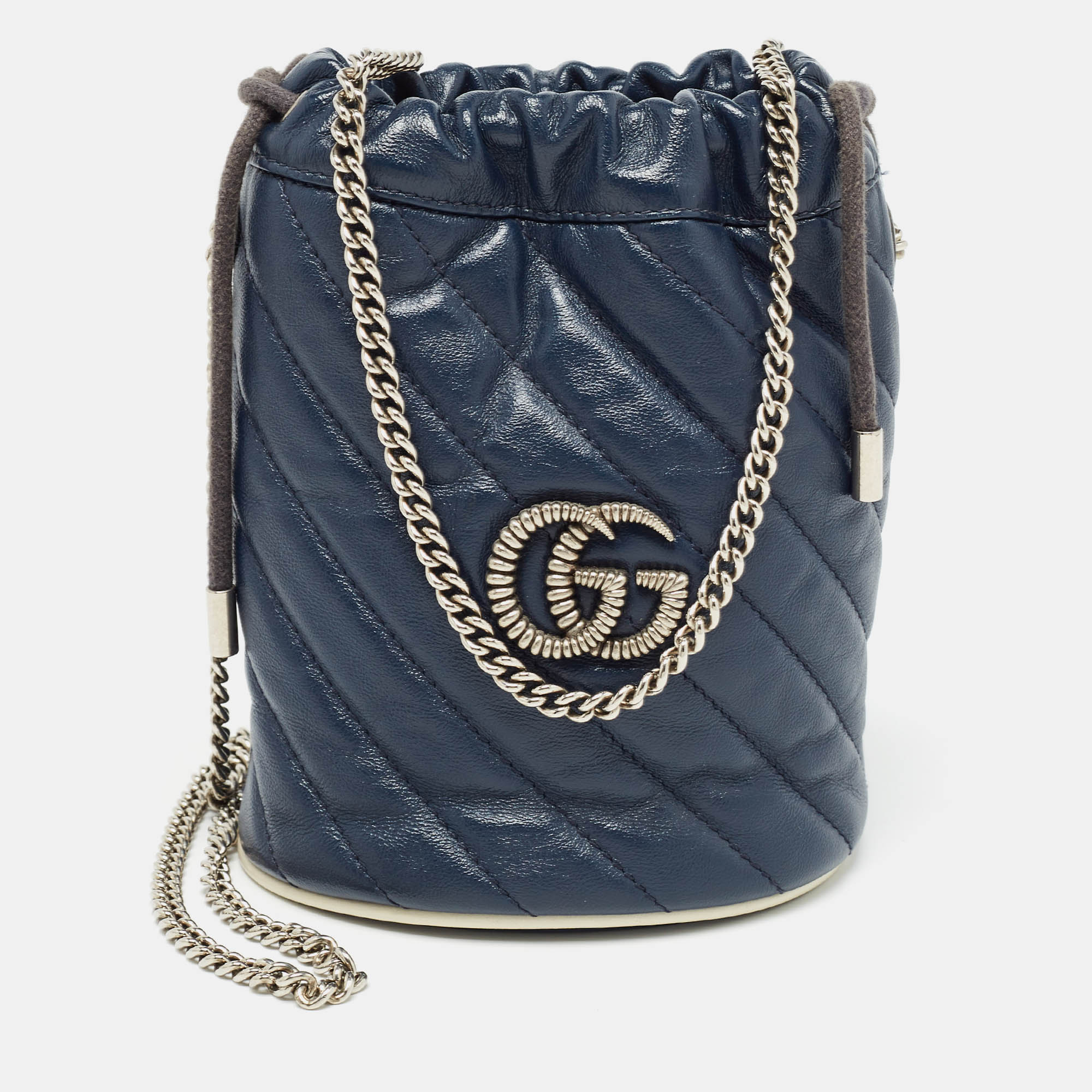 Pre-owned Gucci Navy Blue Matelasse Leather Mini Gg Torchon Marmont Bucket Bag