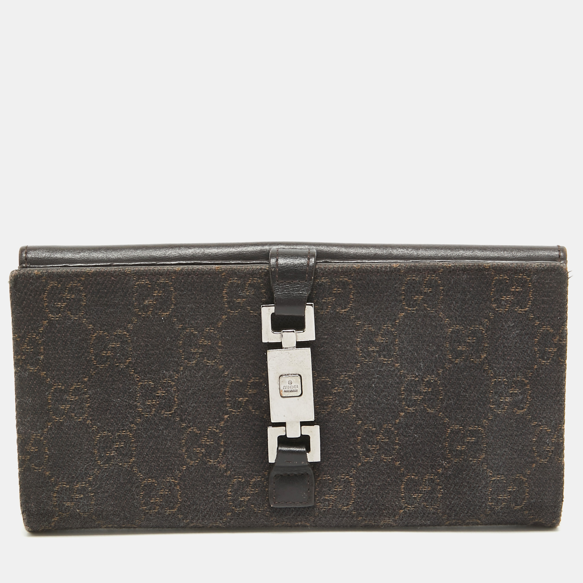 Pre-owned Gucci Dark Brown Gg Canvas And Leather Jackie Continental Wallet