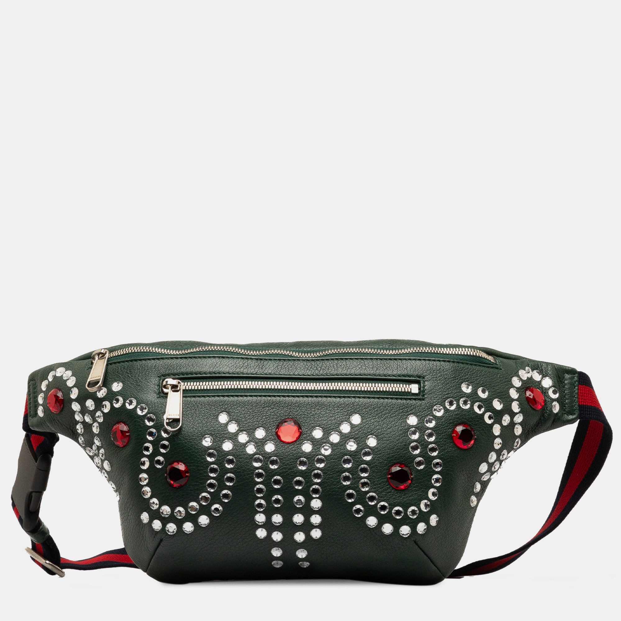 Pre-owned Gucci Crystal Embellished Web Belt Bag In Green