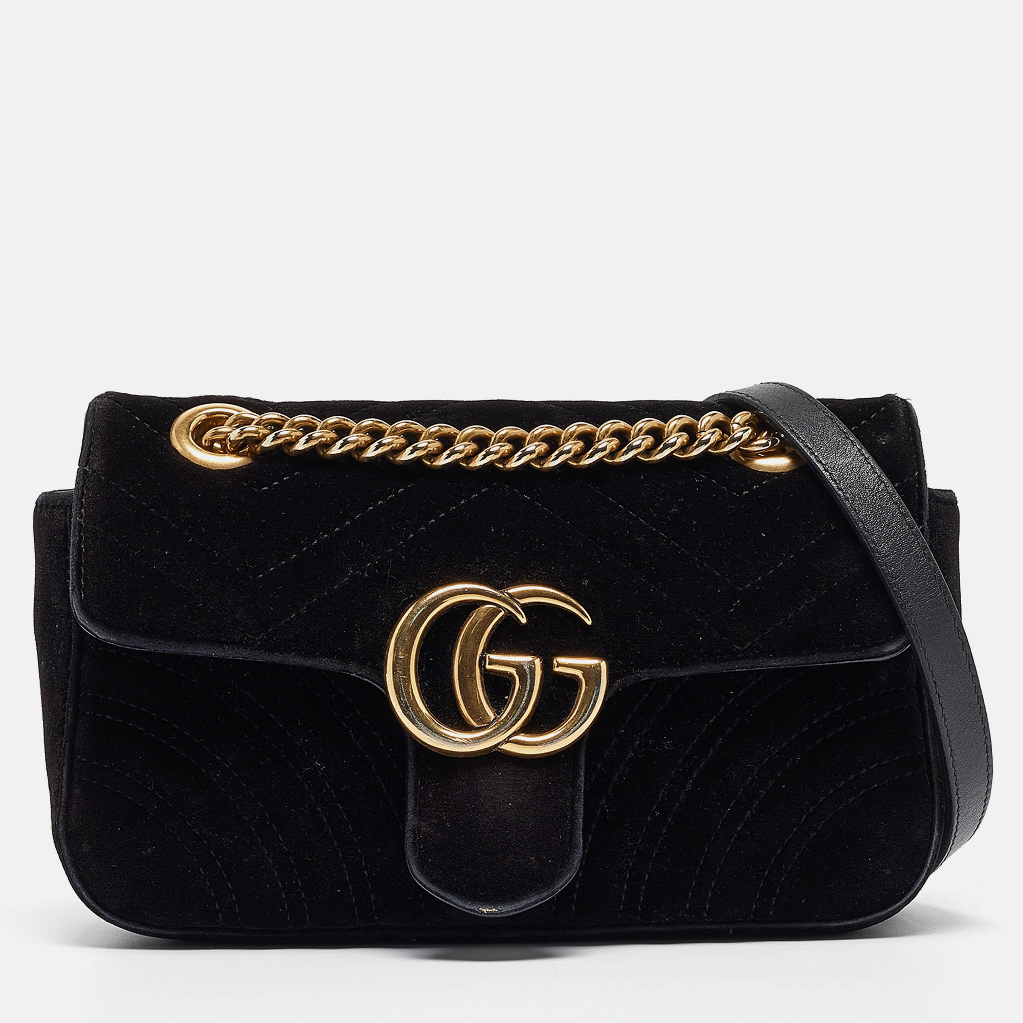 Pre-owned Gucci Black Matelassé Velvet Mini Gg Marmont Shoulder Bag