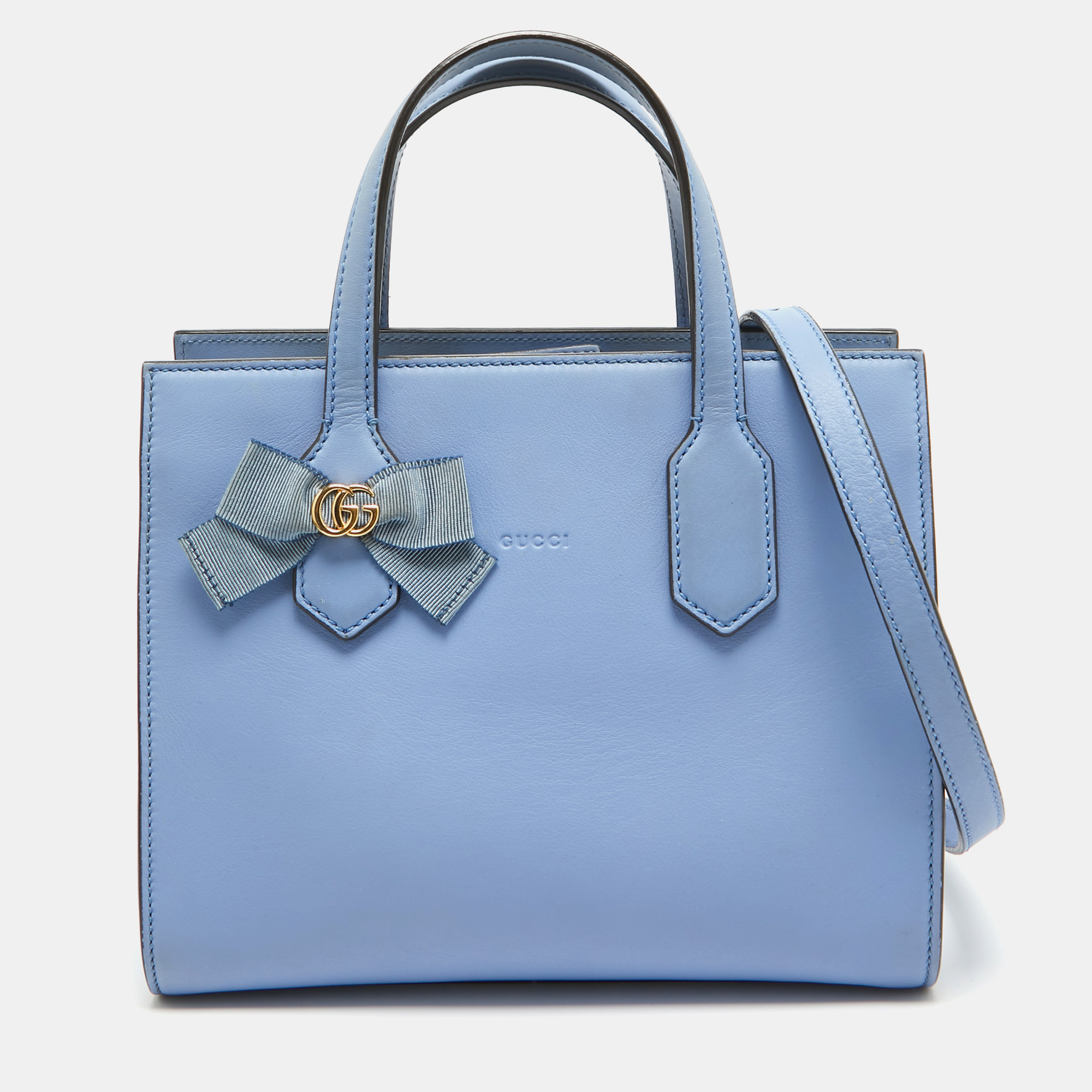 Pre-owned Gucci Blue Leather Gg Ribbon Tote