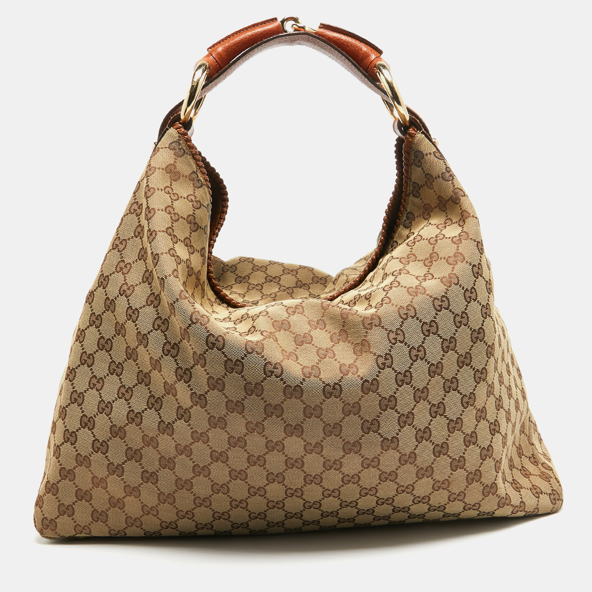 Pre-owned Gucci Beige/orange Gg Canvas And Leather Large Horsebit Handle Hobo