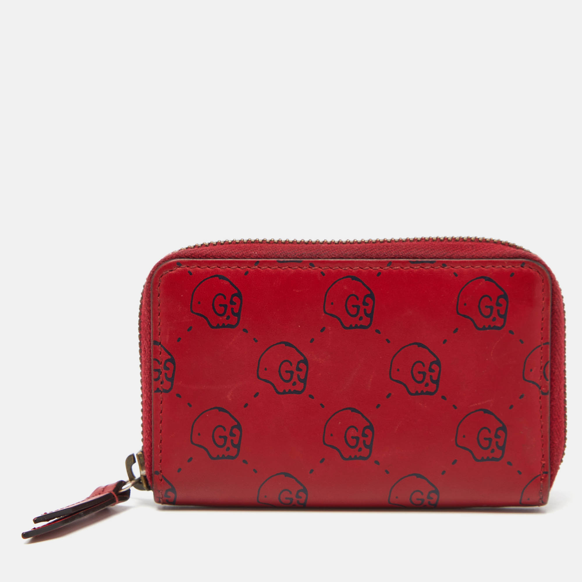 Pre-owned Gucci Ghost Skul Leather Zip Around Wallet In Red