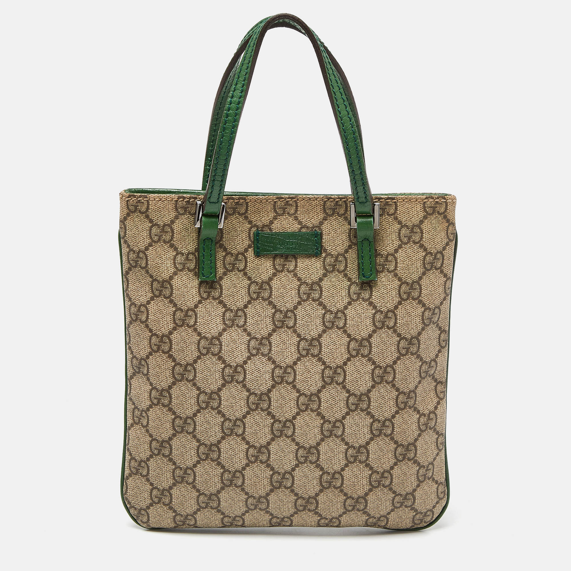 Pre-owned Gucci Beige/green Gg Supreme Canvas And Leather Tote