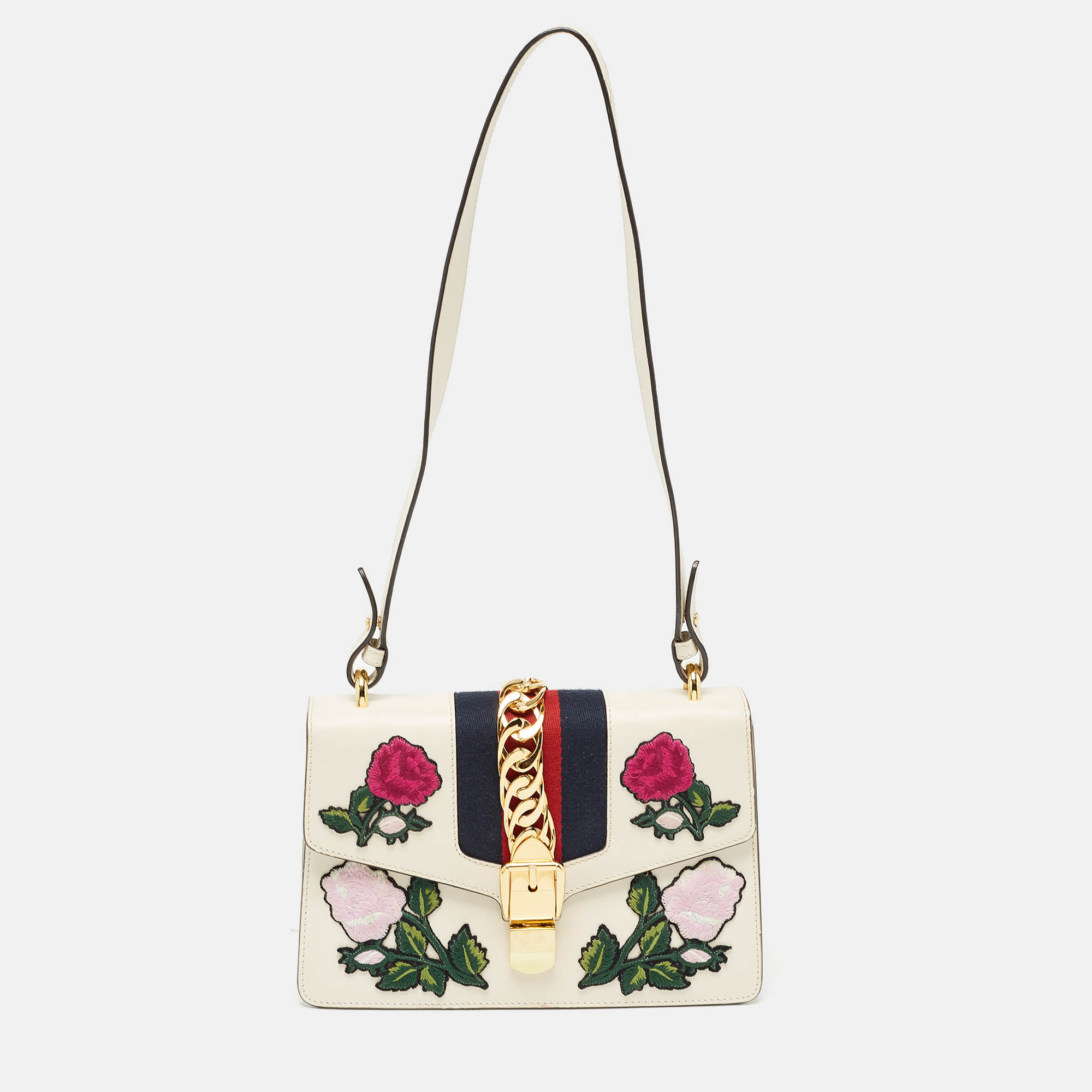 

Gucci Off White Leather  Web Embroidered Sylvie Shoulder Bag