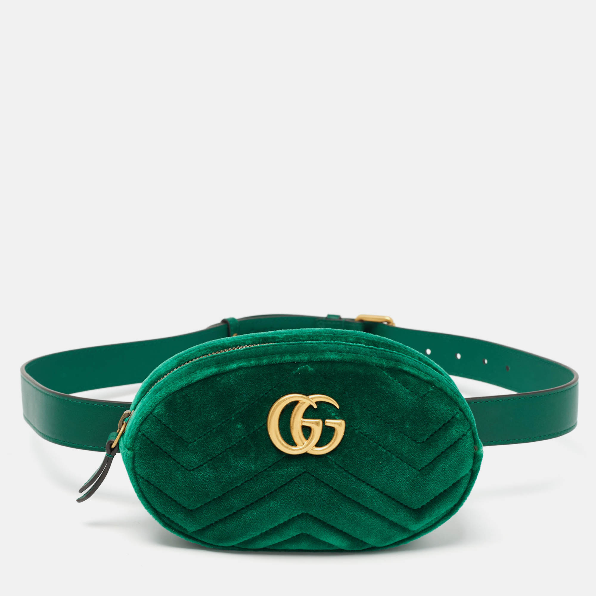 

Gucci Green Matelassé Velvet Mini GG Marmont Belt Bag