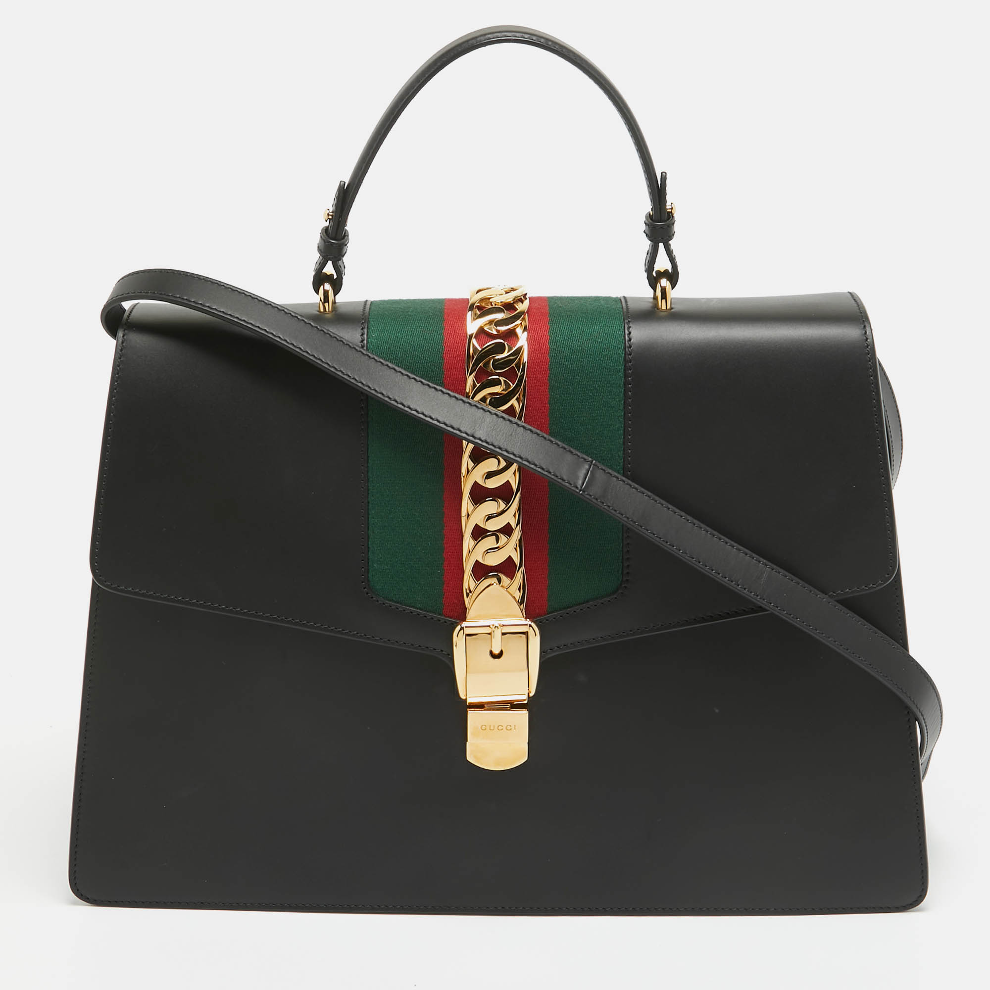 

Gucci Black Leather Maxi Web Sylvie Top Handle Bag