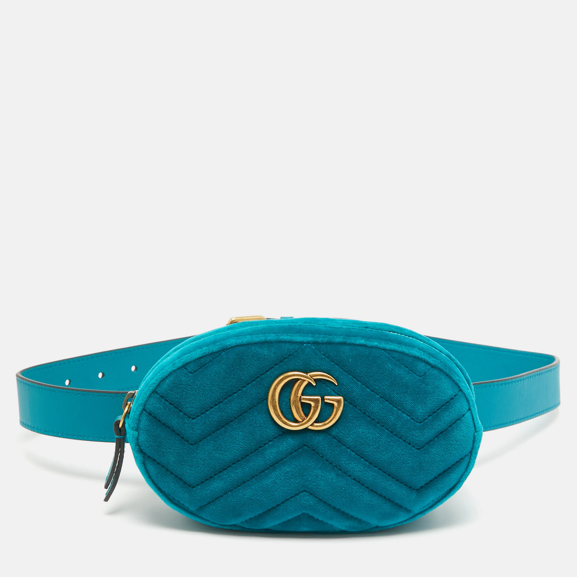 Pre-owned Gucci Teal Matelassé Velvet And Leather Mini Gg Marmont Belt Bag In Green
